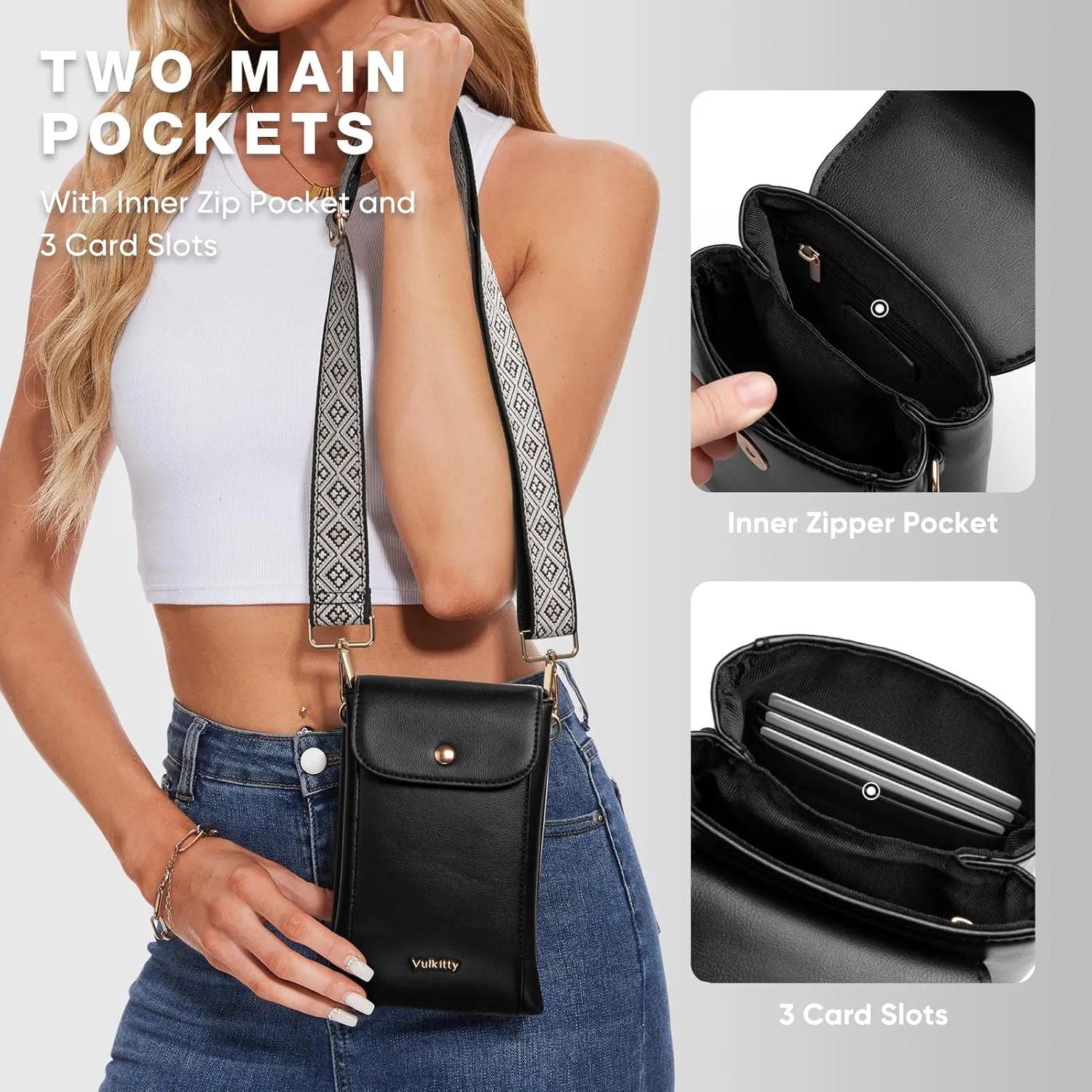 Small Crossbody Phone Bag Vegan Leather for Women with Wide Strap and Double Pockets for Travel and Daily Use