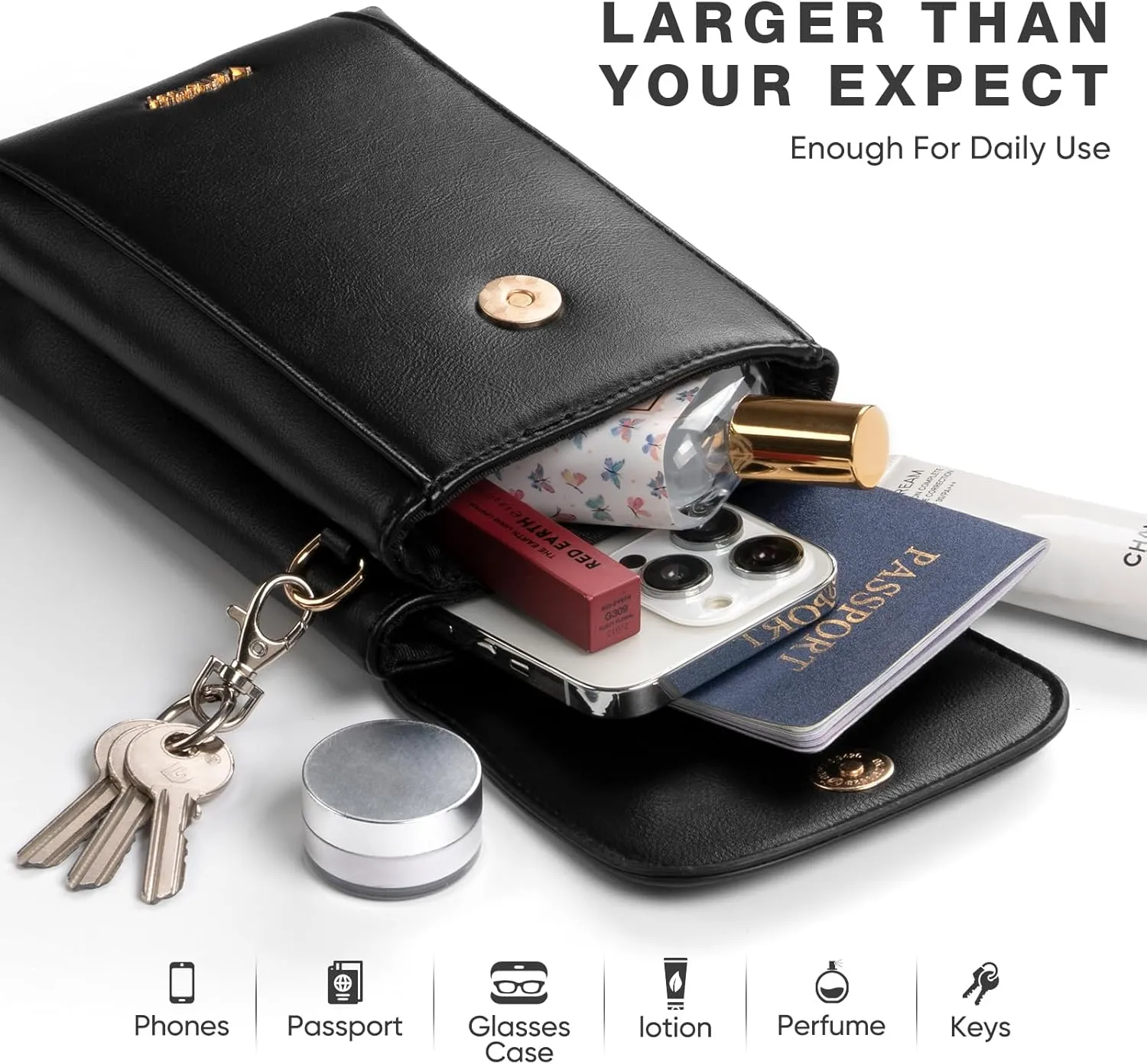 Small Crossbody Phone Bag Vegan Leather for Women with Wide Strap and Double Pockets for Travel and Daily Use