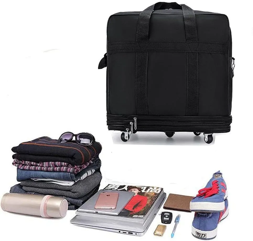 Small Size Expandable Extra Travel Oxford Duffel Bag with Wheels Waterproof Lightweight Traveling Foldable Suitcase Black