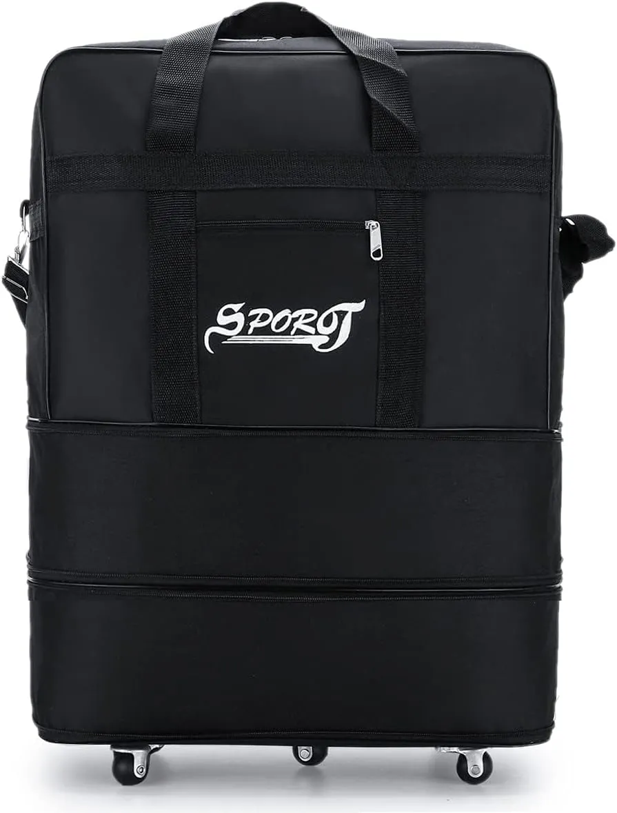 Small Size Expandable Extra Travel Oxford Duffel Bag with Wheels Waterproof Lightweight Traveling Foldable Suitcase Black