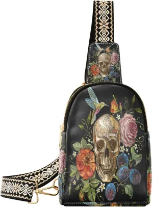 Small Sling Bag for Women Crossbody Embroidery Skull Roses Fashion Leather Crossbody Bag for Women Hummingbirds Flower Trendy Crossbody Purse Fanny Pack with Adjustable Guitar Strap Outfit