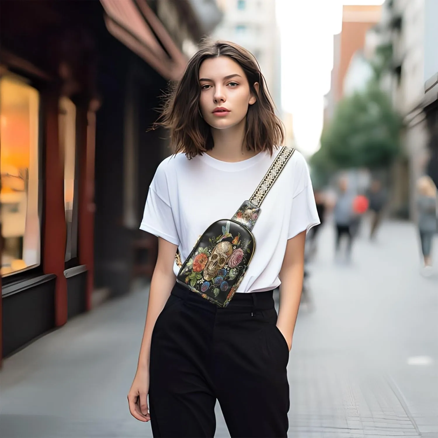 Small Sling Bag for Women Crossbody Embroidery Skull Roses Fashion Leather Crossbody Bag for Women Hummingbirds Flower Trendy Crossbody Purse Fanny Pack with Adjustable Guitar Strap Outfit
