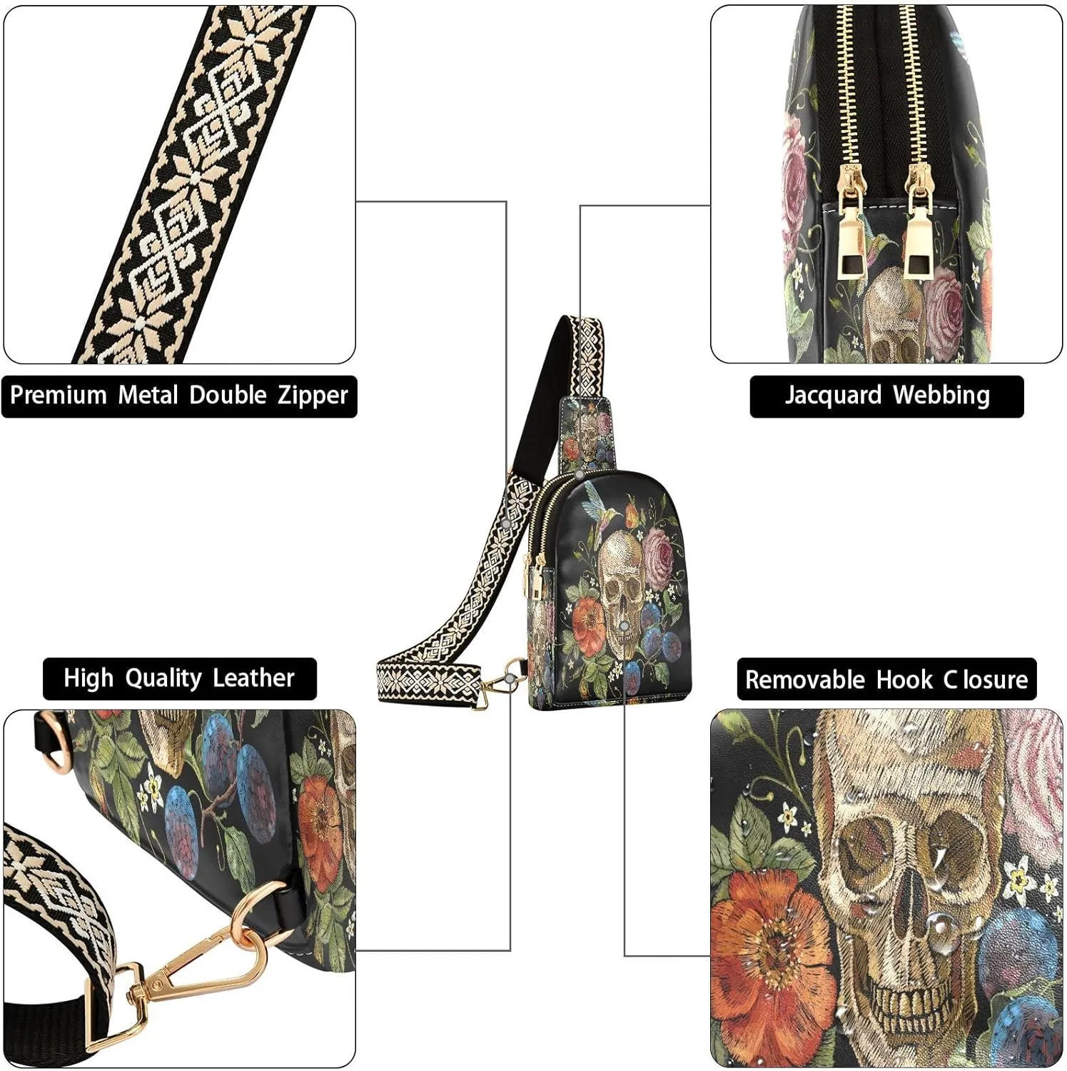 Small Sling Bag for Women Crossbody Embroidery Skull Roses Fashion Leather Crossbody Bag for Women Hummingbirds Flower Trendy Crossbody Purse Fanny Pack with Adjustable Guitar Strap Outfit