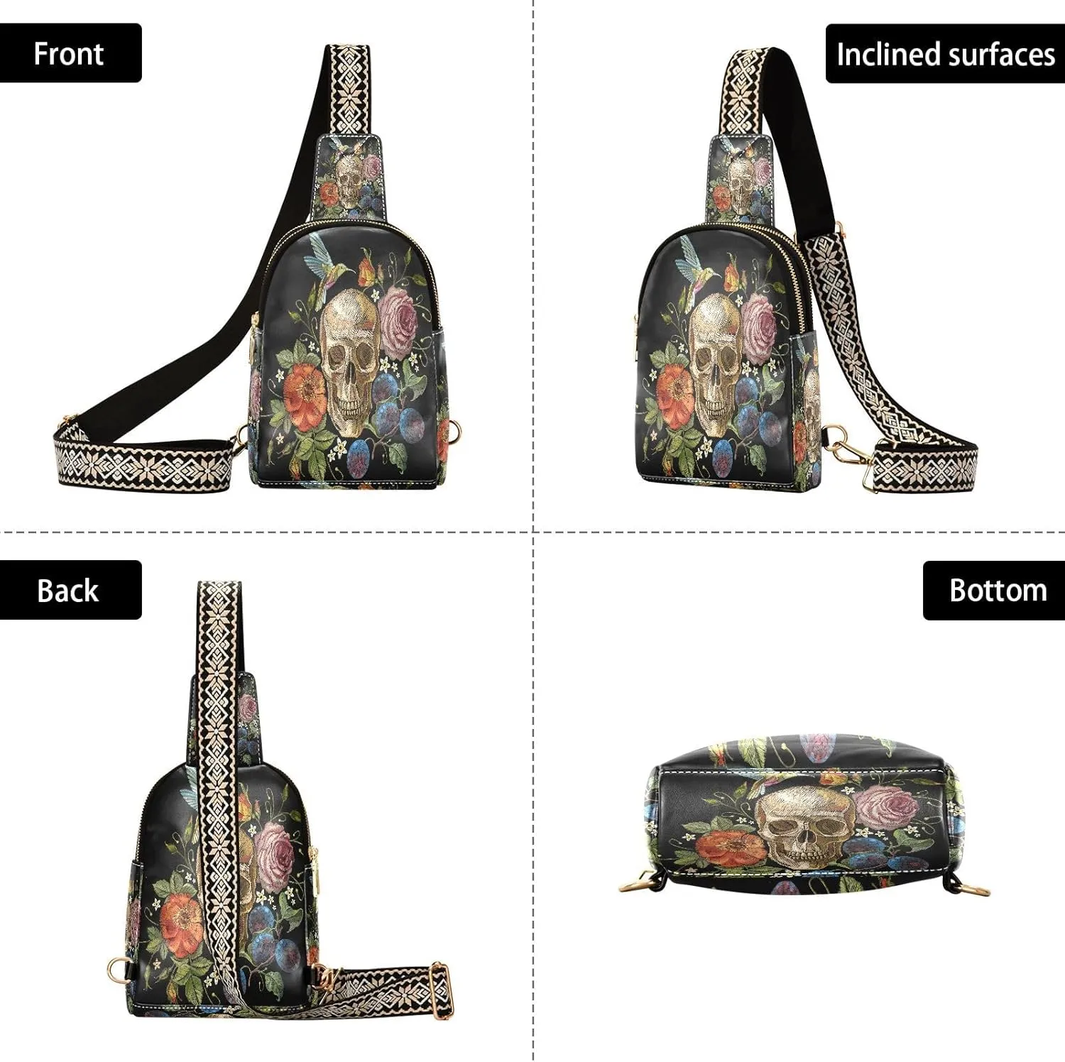 Small Sling Bag for Women Crossbody Embroidery Skull Roses Fashion Leather Crossbody Bag for Women Hummingbirds Flower Trendy Crossbody Purse Fanny Pack with Adjustable Guitar Strap Outfit