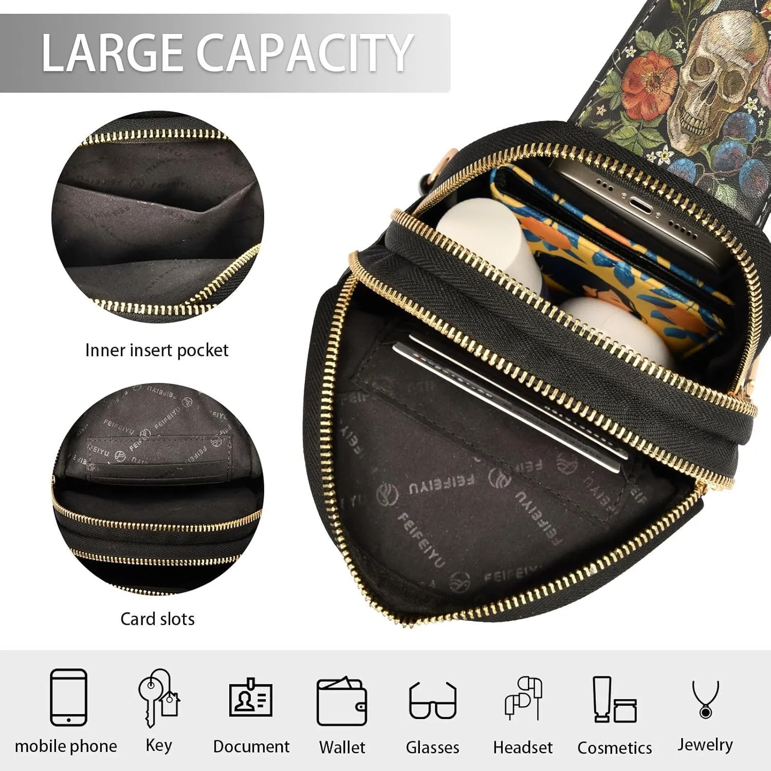 Small Sling Bag for Women Crossbody Embroidery Skull Roses Fashion Leather Crossbody Bag for Women Hummingbirds Flower Trendy Crossbody Purse Fanny Pack with Adjustable Guitar Strap Outfit