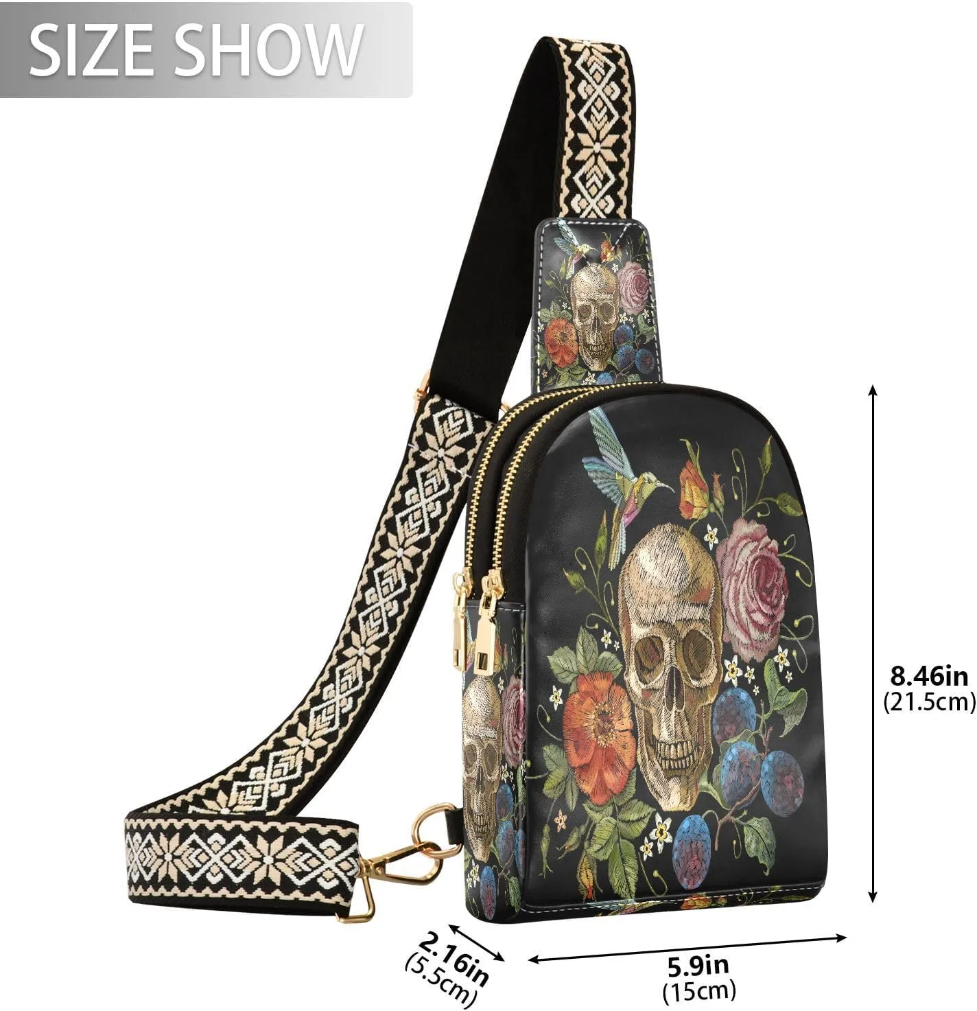Small Sling Bag for Women Crossbody Embroidery Skull Roses Fashion Leather Crossbody Bag for Women Hummingbirds Flower Trendy Crossbody Purse Fanny Pack with Adjustable Guitar Strap Outfit
