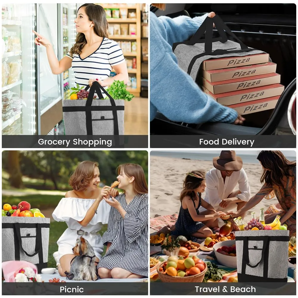 Soft Insulated Cooler Bag for Beach, Travel, Large Reusable Insulated Cooler Tote Bag, Thermal Bag to Keep Foods Frozen, Cold and Hot, Groceries Shopping Bags Leak Proof with Zippered, Grey