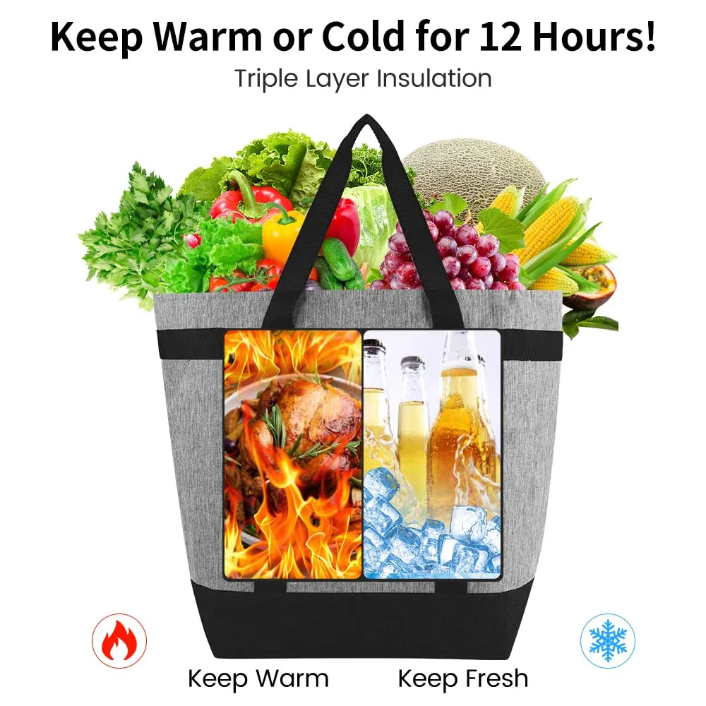 Soft Insulated Cooler Bag for Beach, Travel, Large Reusable Insulated Cooler Tote Bag, Thermal Bag to Keep Foods Frozen, Cold and Hot, Groceries Shopping Bags Leak Proof with Zippered, Grey