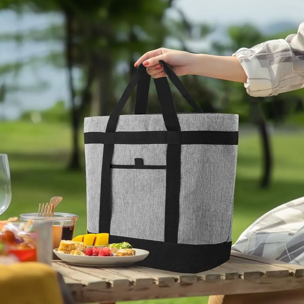 Soft Insulated Cooler Bag for Beach, Travel, Large Reusable Insulated Cooler Tote Bag, Thermal Bag to Keep Foods Frozen, Cold and Hot, Groceries Shopping Bags Leak Proof with Zippered, Grey