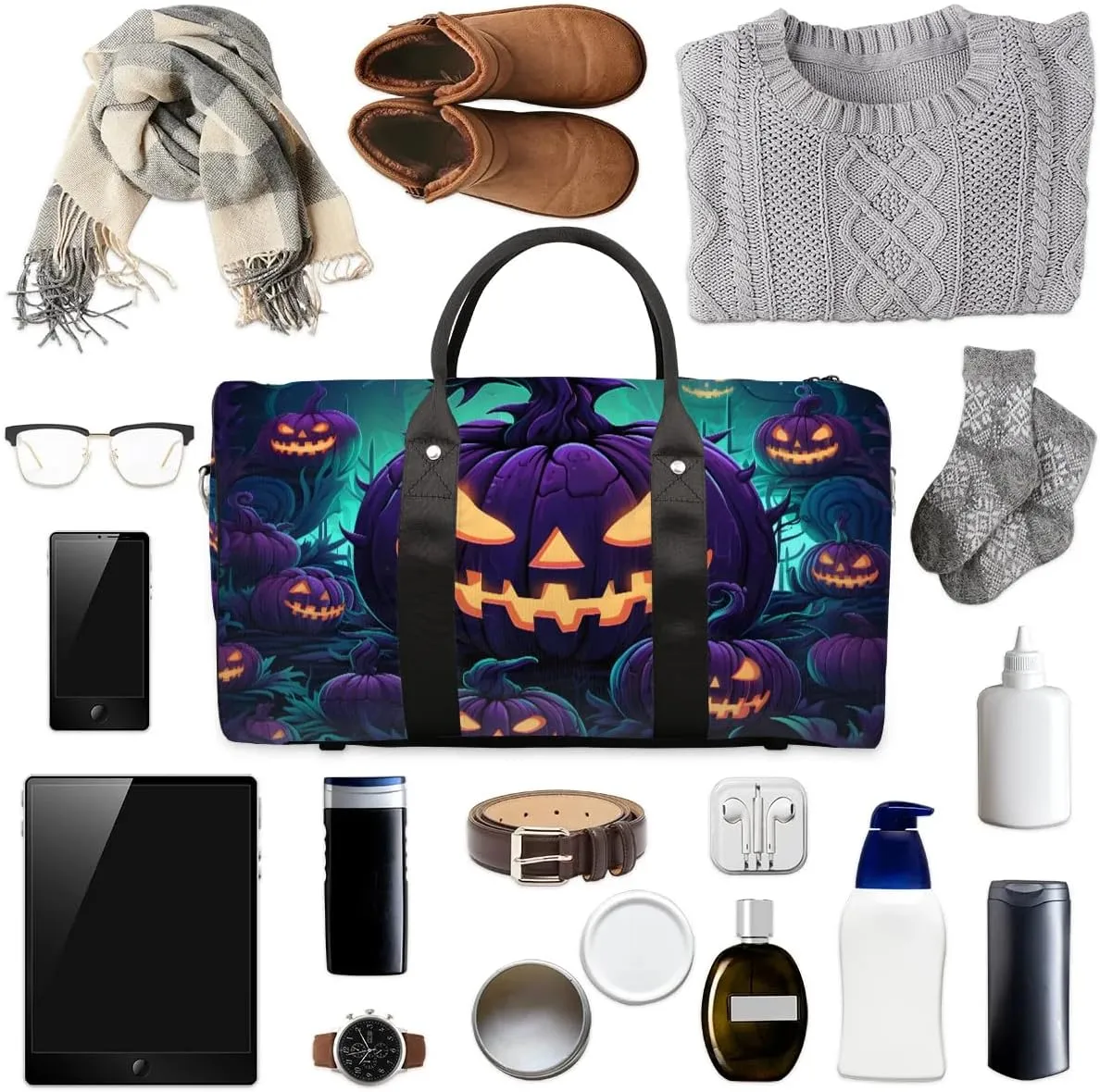 Spooky Pumpkin Travel Duffel Bag for Women Men Waterproof Foldable Overnight Weekender Bag Large Capacity Sports Gym Bag