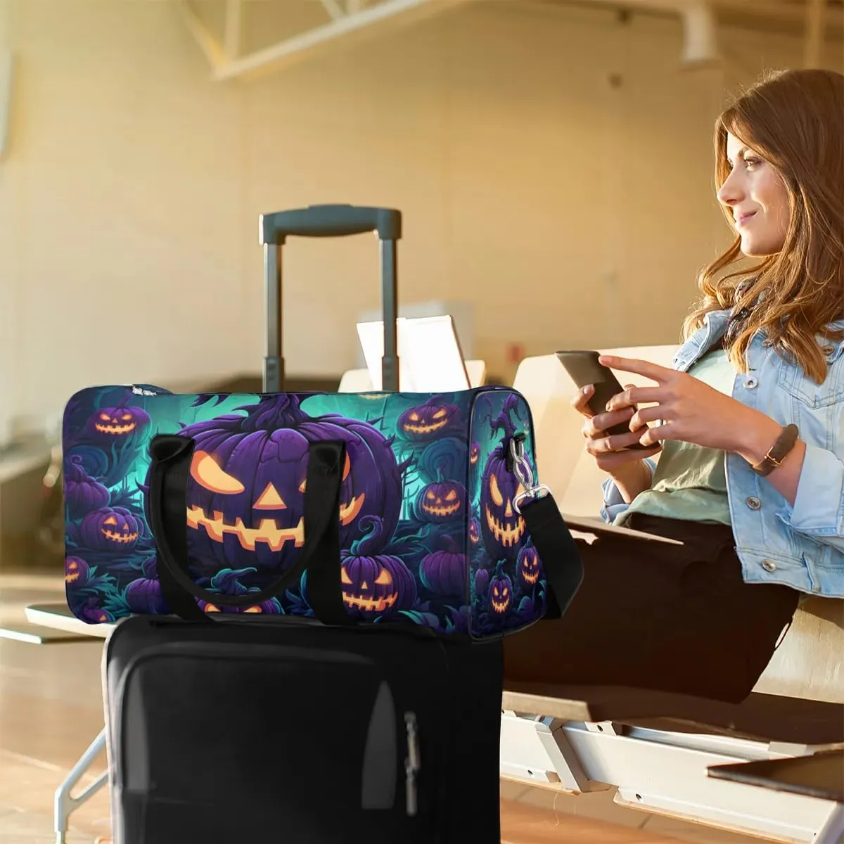 Spooky Pumpkin Travel Duffel Bag for Women Men Waterproof Foldable Overnight Weekender Bag Large Capacity Sports Gym Bag