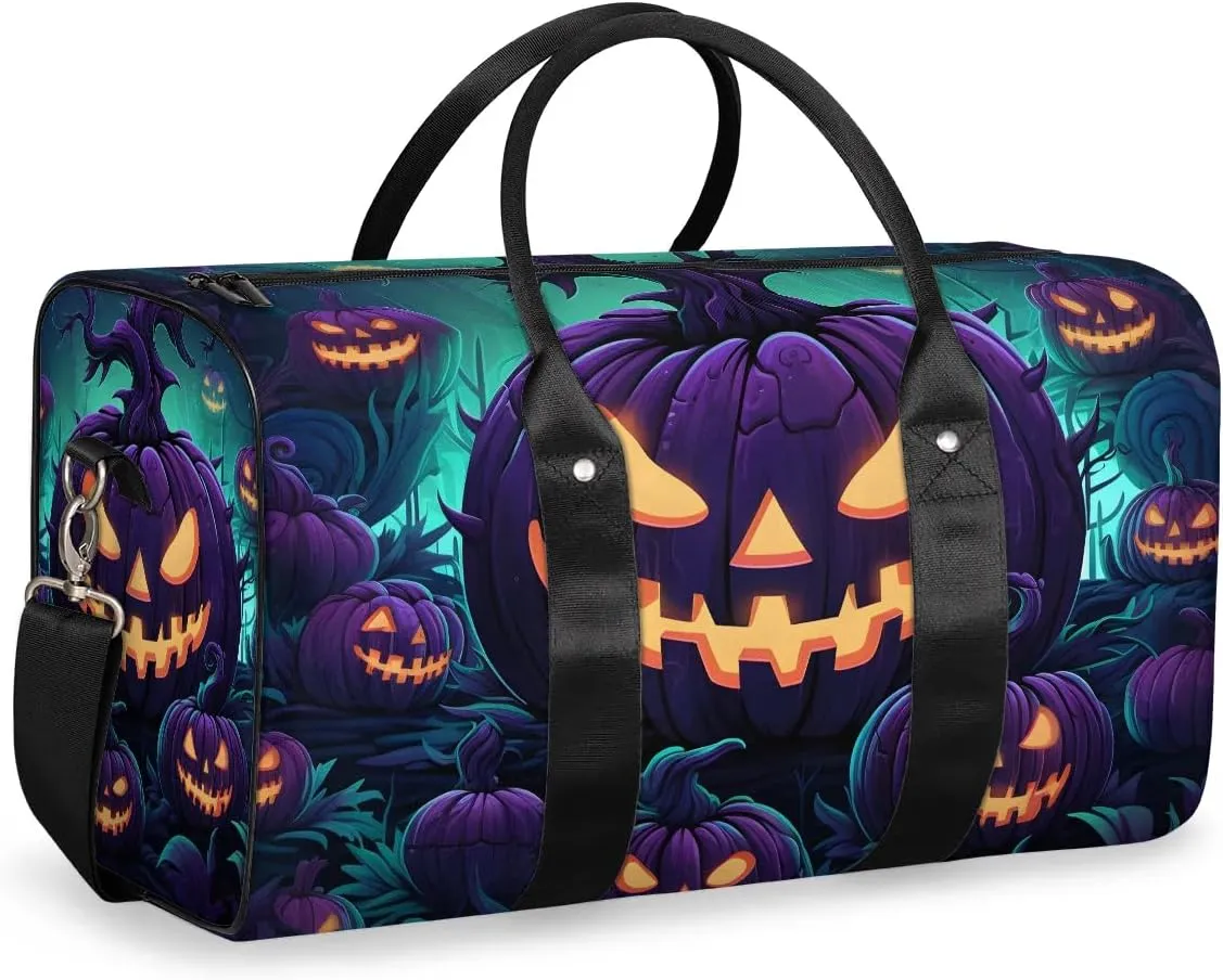 Spooky Pumpkin Travel Duffel Bag for Women Men Waterproof Foldable Overnight Weekender Bag Large Capacity Sports Gym Bag