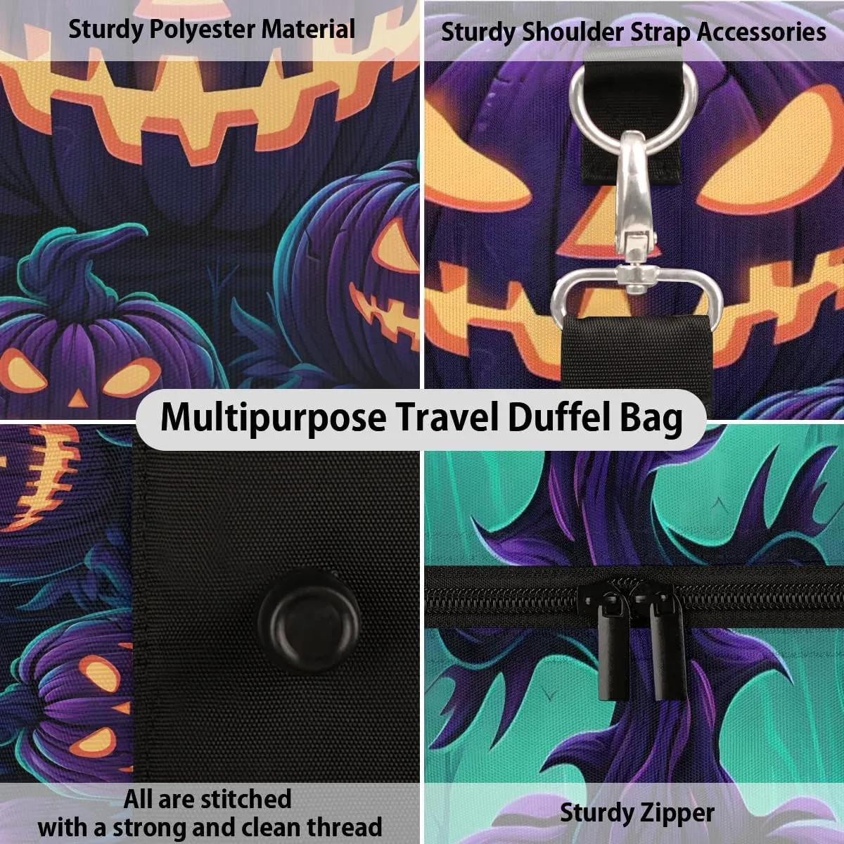 Spooky Pumpkin Travel Duffel Bag for Women Men Waterproof Foldable Overnight Weekender Bag Large Capacity Sports Gym Bag