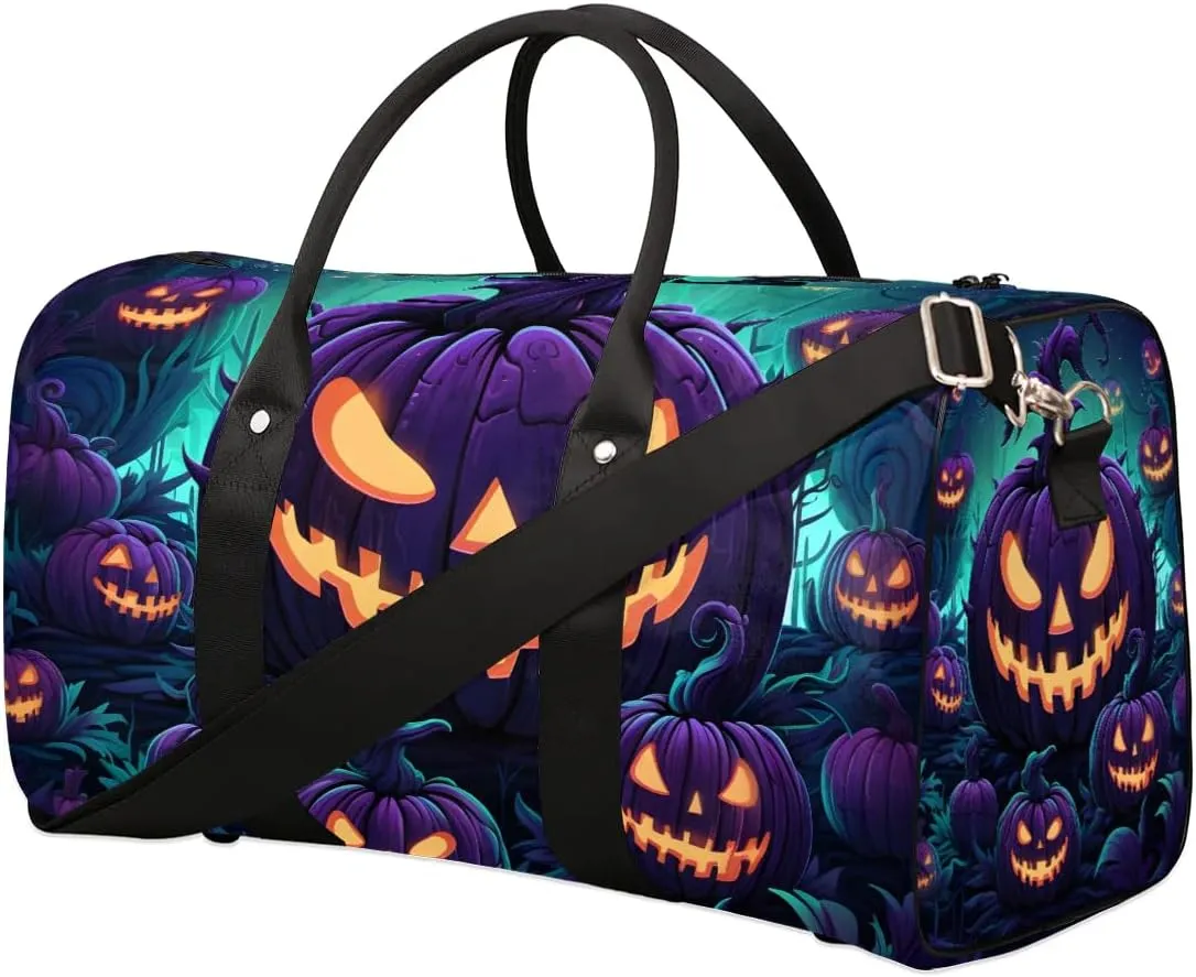 Spooky Pumpkin Travel Duffel Bag for Women Men Waterproof Foldable Overnight Weekender Bag Large Capacity Sports Gym Bag