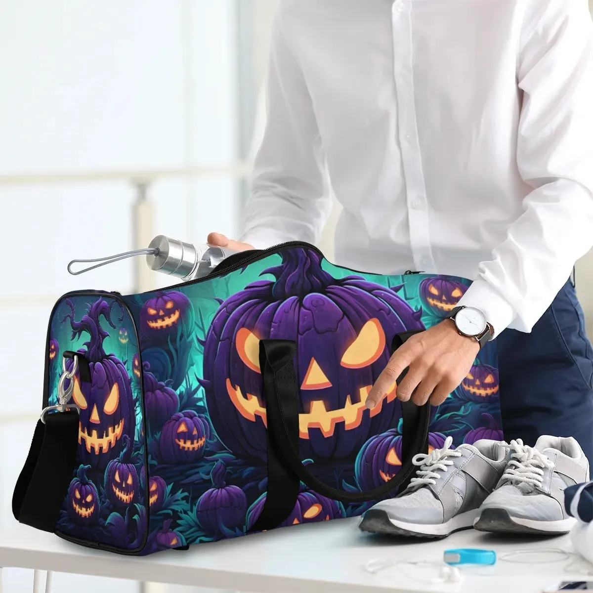 Spooky Pumpkin Travel Duffel Bag for Women Men Waterproof Foldable Overnight Weekender Bag Large Capacity Sports Gym Bag