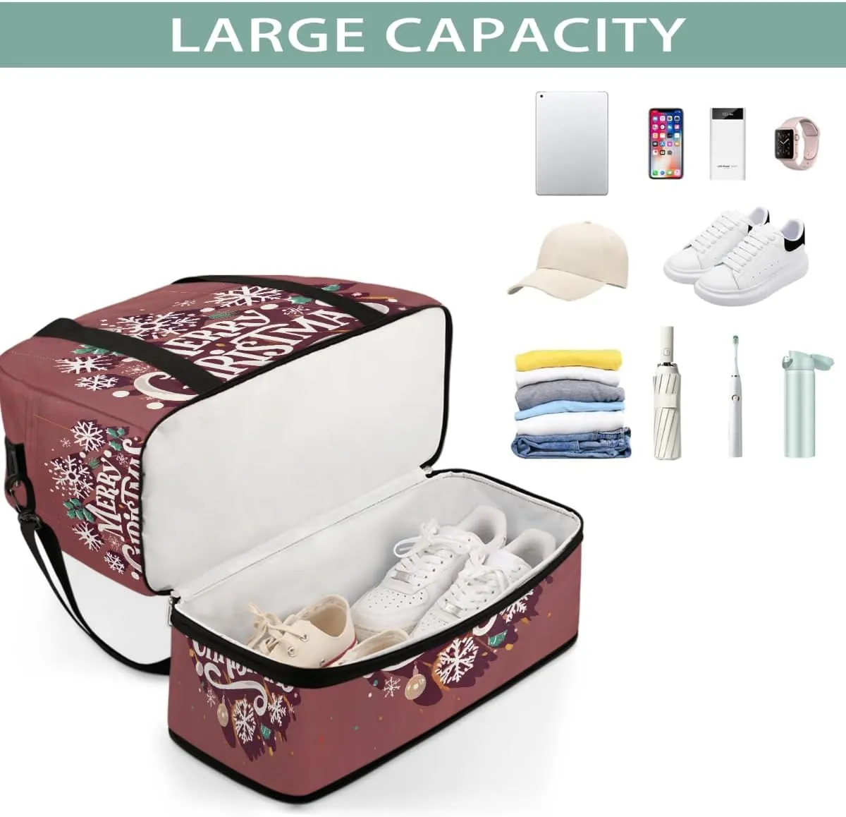 Sports Gym Bag Christmas Snowflake Bell Large Travel Duffel Bag With Shoe Compartment Foldable Waterproof Carry-On Weekend Travel Bags for Camping Overnight Yoga Hospital Travel Bags