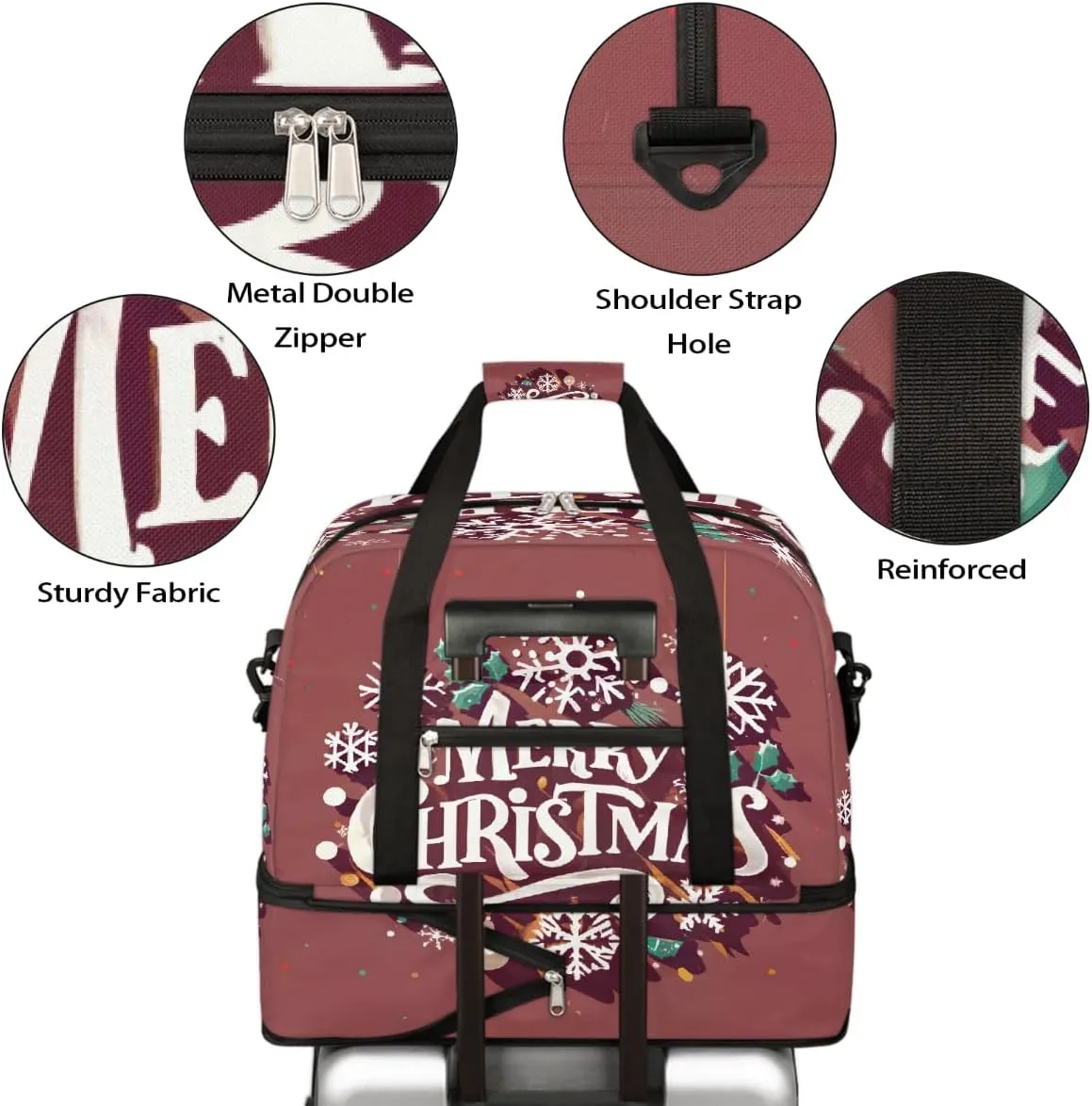 Sports Gym Bag Christmas Snowflake Bell Large Travel Duffel Bag With Shoe Compartment Foldable Waterproof Carry-On Weekend Travel Bags for Camping Overnight Yoga Hospital Travel Bags