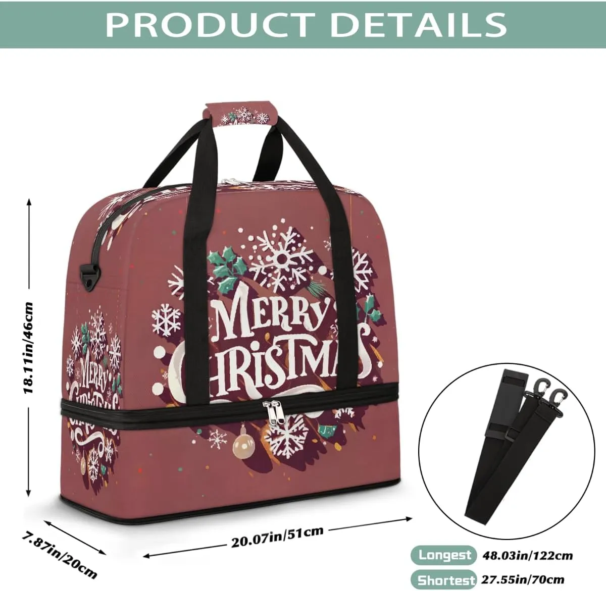 Sports Gym Bag Christmas Snowflake Bell Large Travel Duffel Bag With Shoe Compartment Foldable Waterproof Carry-On Weekend Travel Bags for Camping Overnight Yoga Hospital Travel Bags