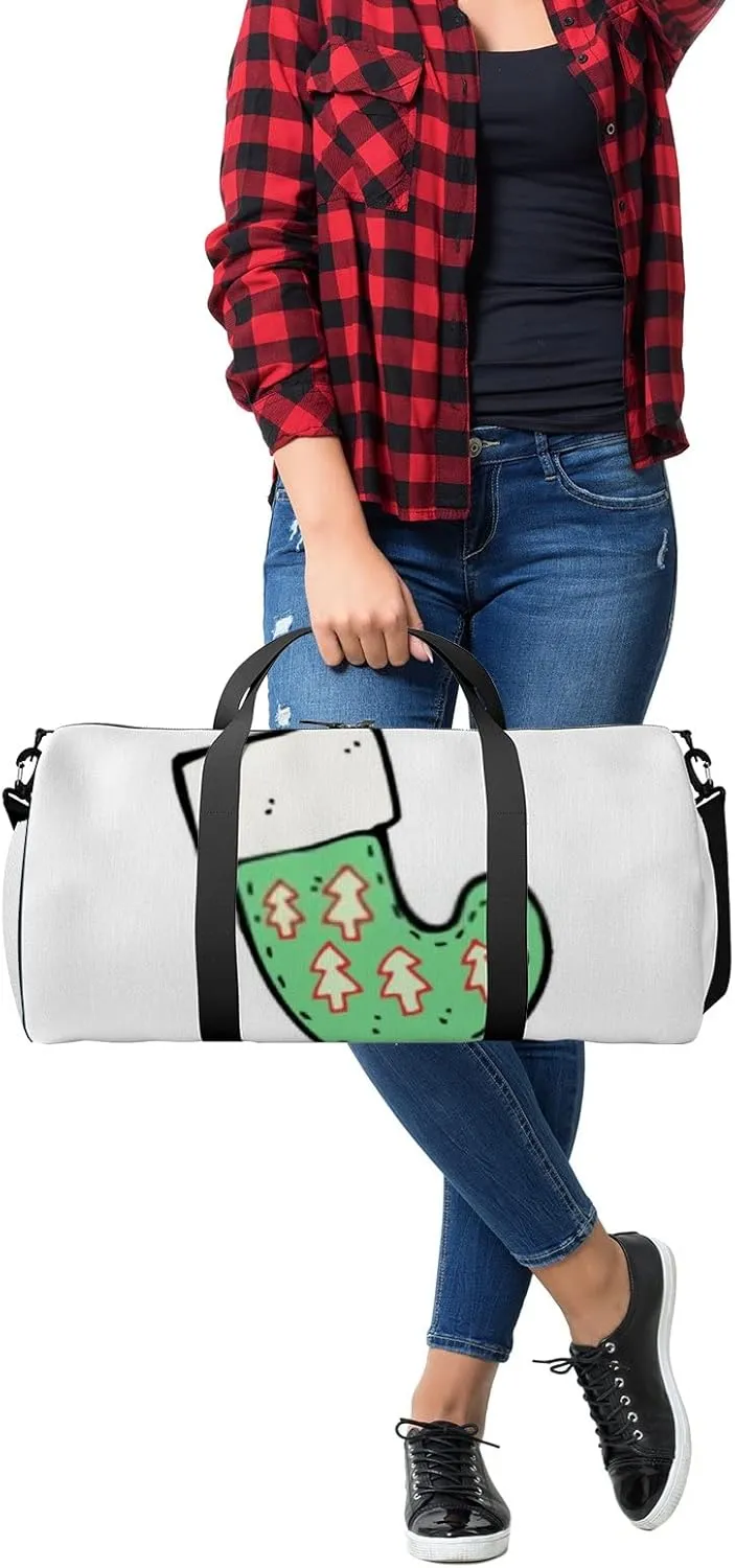 Sports Gym Bag for Women and Men Waterproof Christmas Stocking Cartoon Pattern Green Duffel Bag Lightweight Carryon Traveling Boarding Gripsack