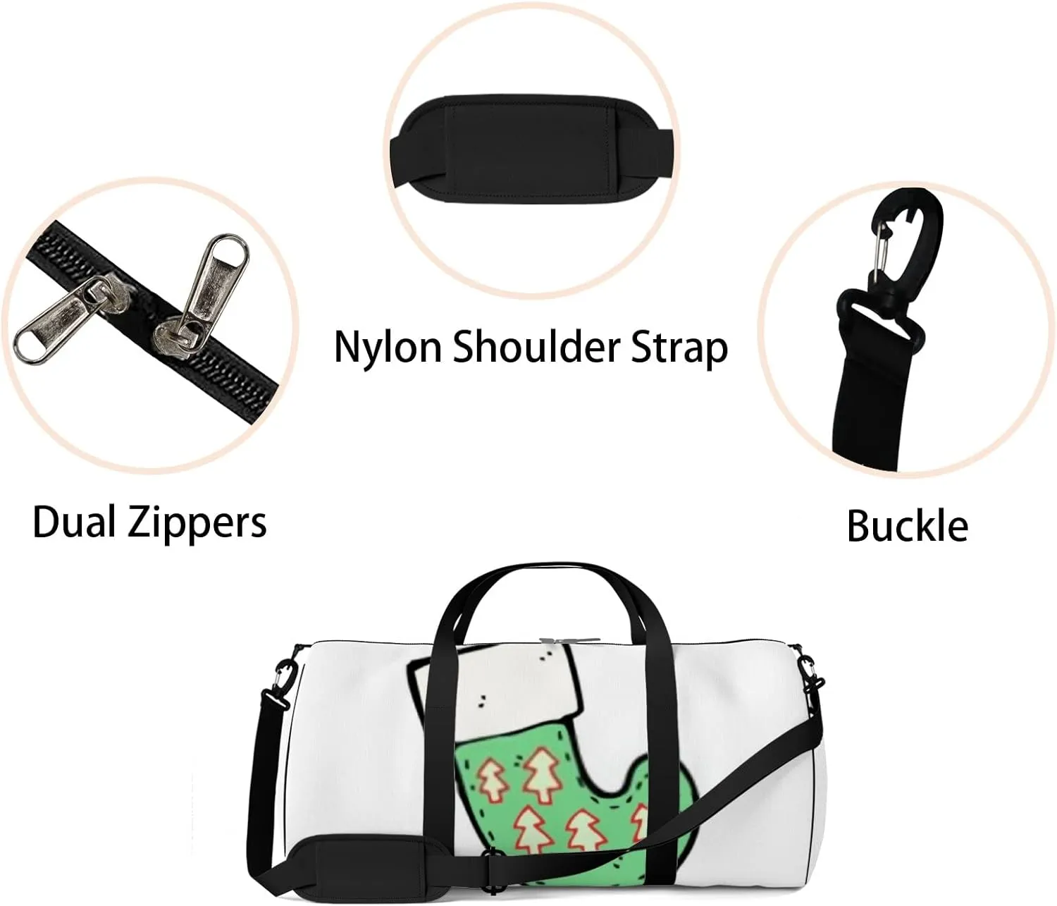 Sports Gym Bag for Women and Men Waterproof Christmas Stocking Cartoon Pattern Green Duffel Bag Lightweight Carryon Traveling Boarding Gripsack