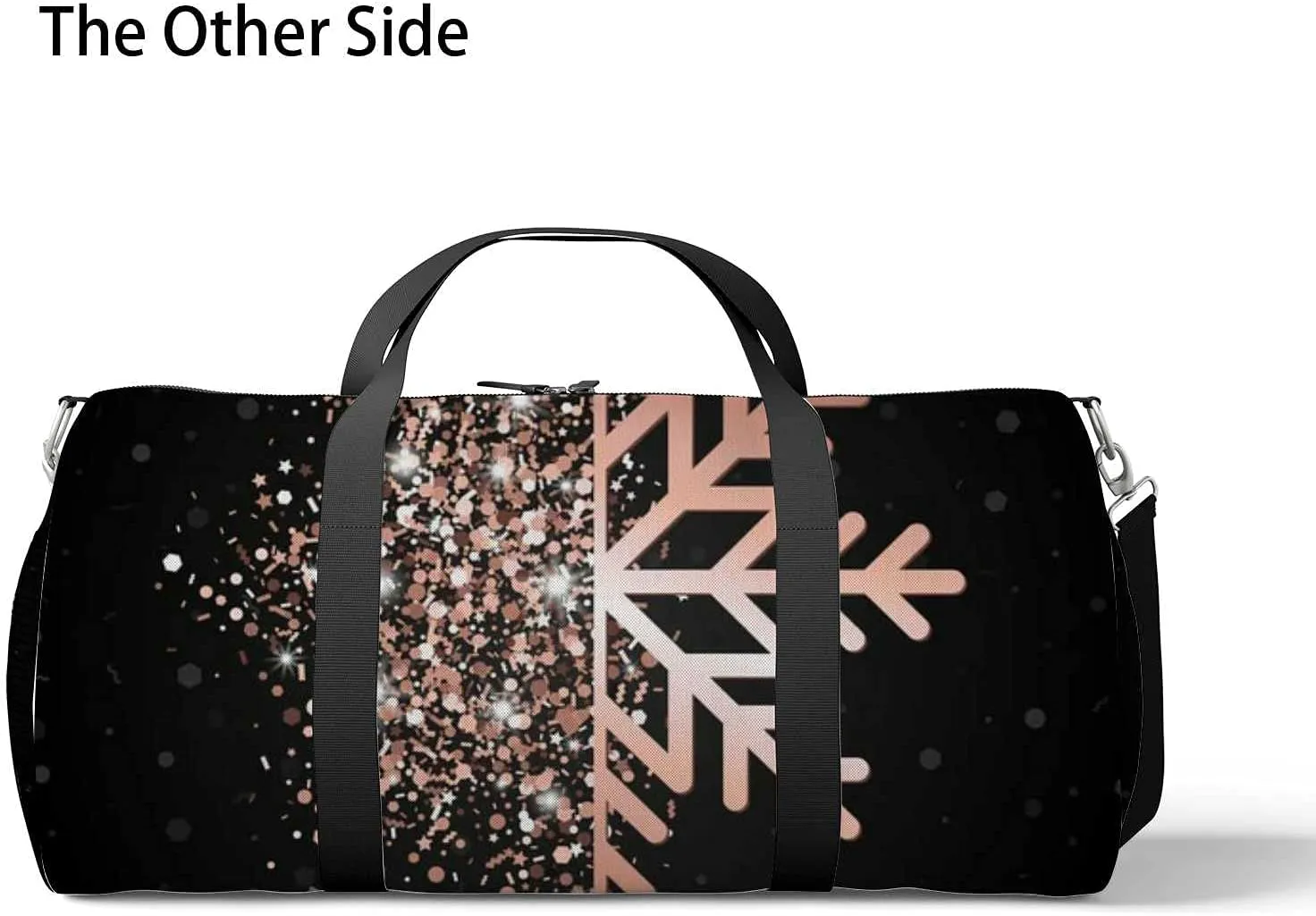 Sports Gym Bag for Women and Men Waterproof Merry Christmas Rose Gold Glowing Snowflake Black Duffel Bag Lightweight Carryon Traveling Boarding Gripsack