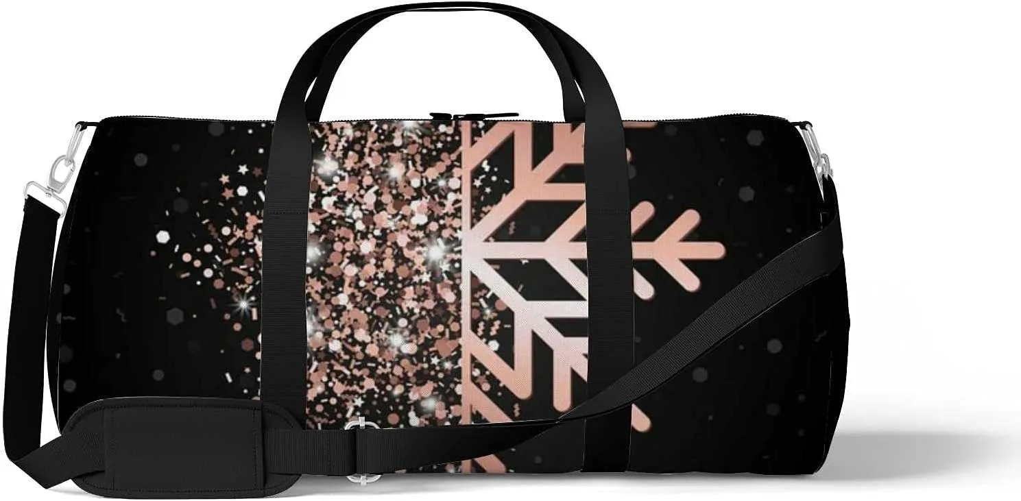 Sports Gym Bag for Women and Men Waterproof Merry Christmas Rose Gold Glowing Snowflake Black Duffel Bag Lightweight Carryon Traveling Boarding Gripsack