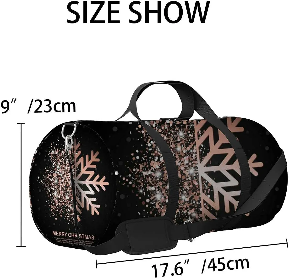 Sports Gym Bag for Women and Men Waterproof Merry Christmas Rose Gold Glowing Snowflake Black Duffel Bag Lightweight Carryon Traveling Boarding Gripsack