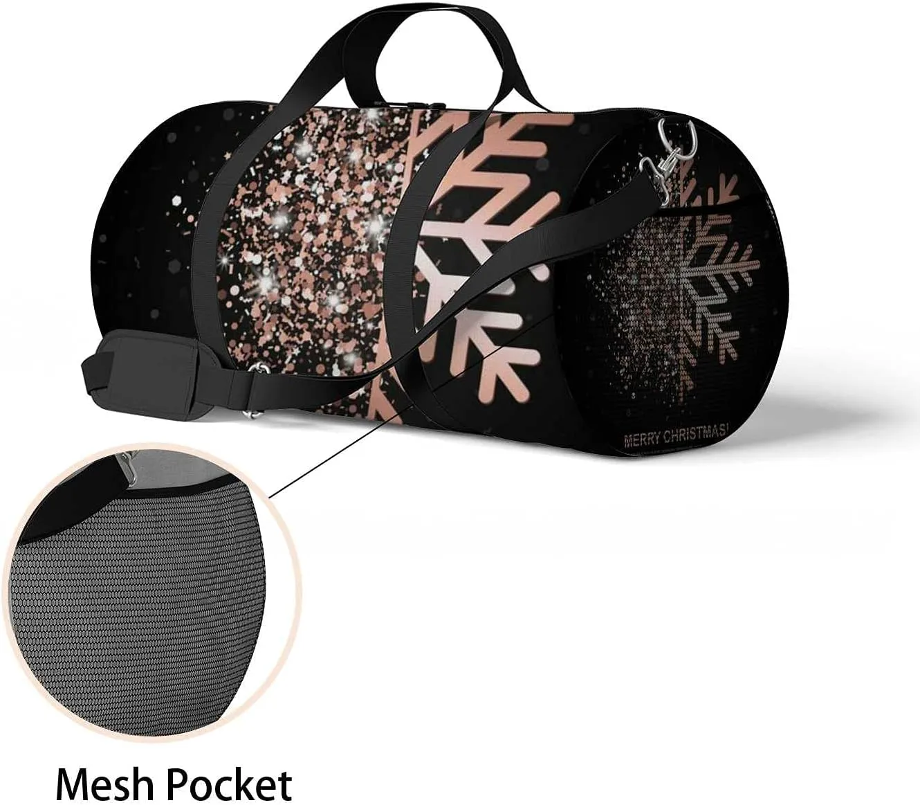 Sports Gym Bag for Women and Men Waterproof Merry Christmas Rose Gold Glowing Snowflake Black Duffel Bag Lightweight Carryon Traveling Boarding Gripsack