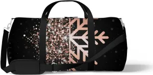 Sports Gym Bag for Women and Men Waterproof Merry Christmas Rose Gold Glowing Snowflake Black Duffel Bag Lightweight Carryon Traveling Boarding Gripsack