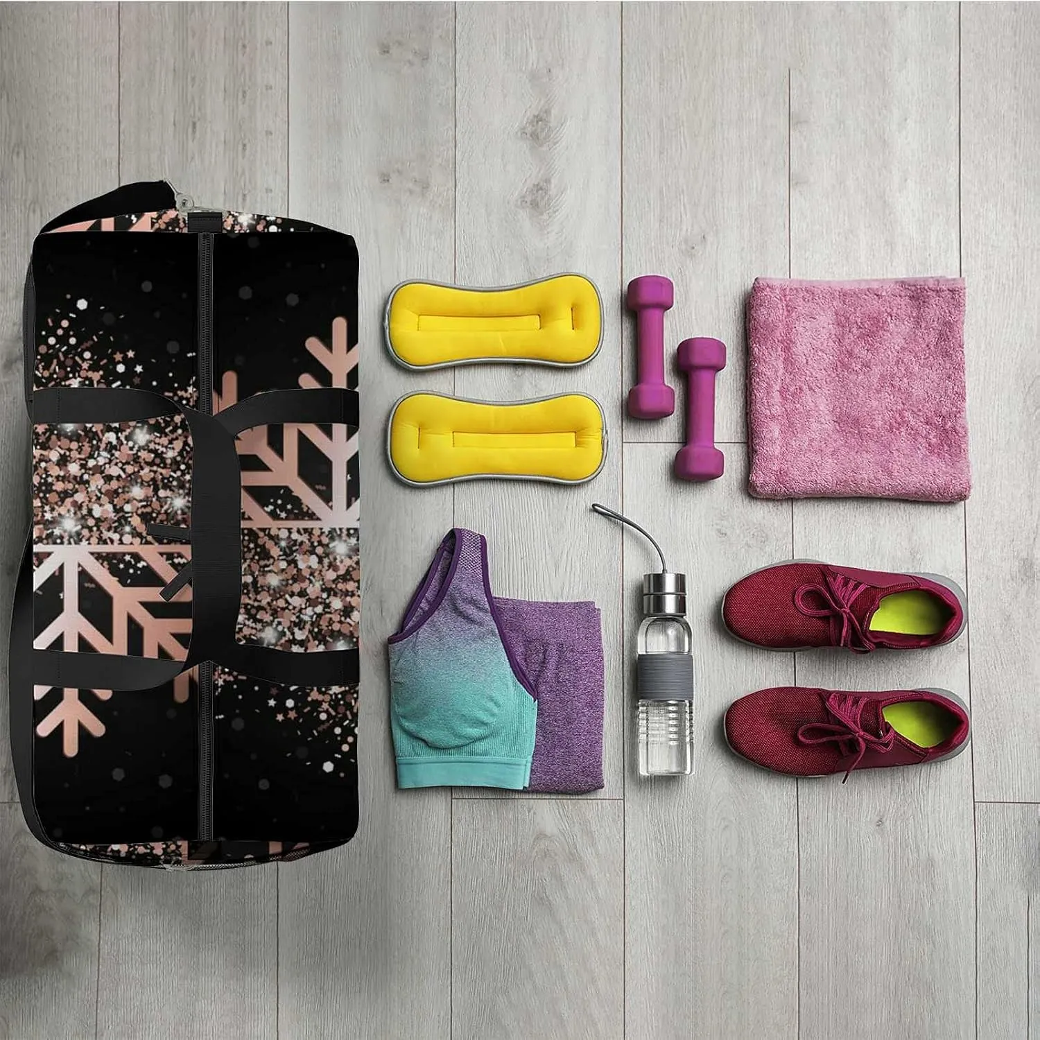 Sports Gym Bag for Women and Men Waterproof Merry Christmas Rose Gold Glowing Snowflake Black Duffel Bag Lightweight Carryon Traveling Boarding Gripsack