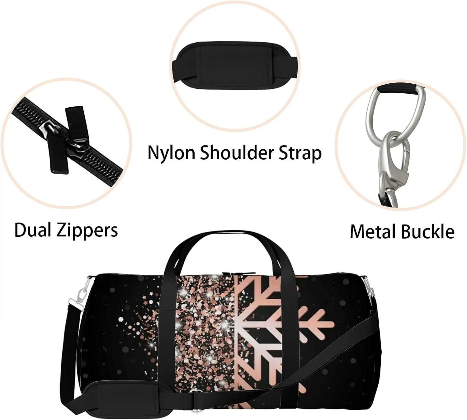 Sports Gym Bag for Women and Men Waterproof Merry Christmas Rose Gold Glowing Snowflake Black Duffel Bag Lightweight Carryon Traveling Boarding Gripsack