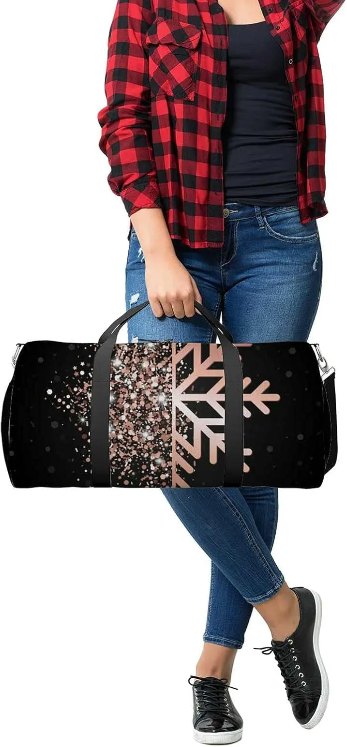Sports Gym Bag for Women and Men Waterproof Merry Christmas Rose Gold Glowing Snowflake Black Duffel Bag Lightweight Carryon Traveling Boarding Gripsack