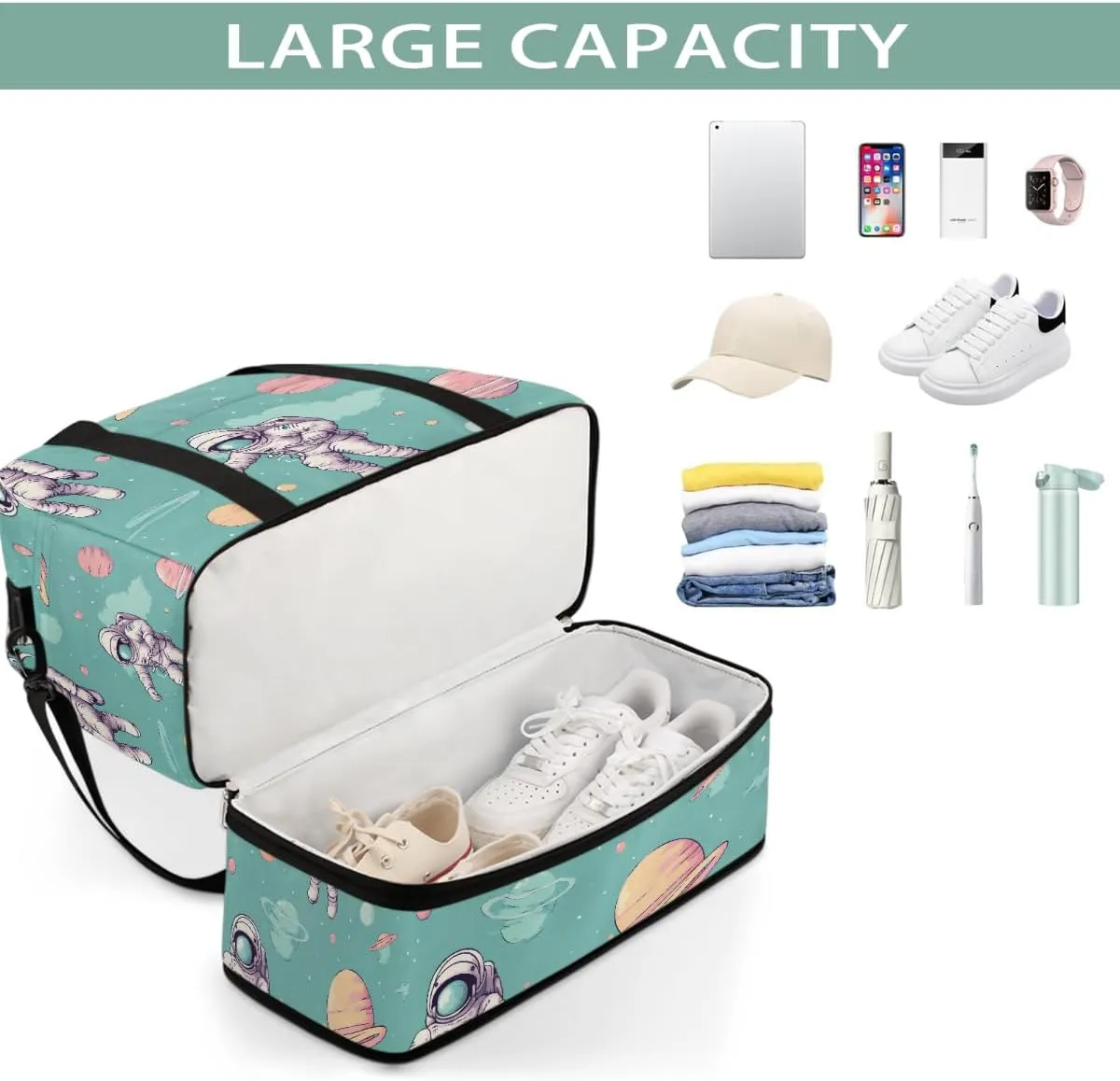 Sports Gym Bag Planet Astronaut Large Travel Duffel Bag With Shoe Compartment Foldable Waterproof Carry-On Weekend Travel Bags for Camping Overnight Yoga Hospital Travel Bags