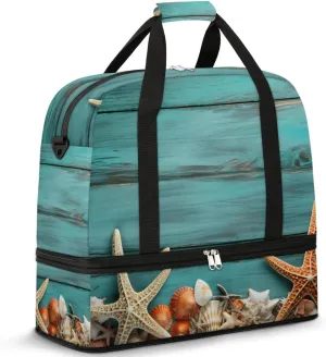 Starfish Wood Grain Paint Travel Duffel Bag for Women Men Weekender Overnight Bag with Shoe Compartment Foldable Sports Gym Luggage Bag
