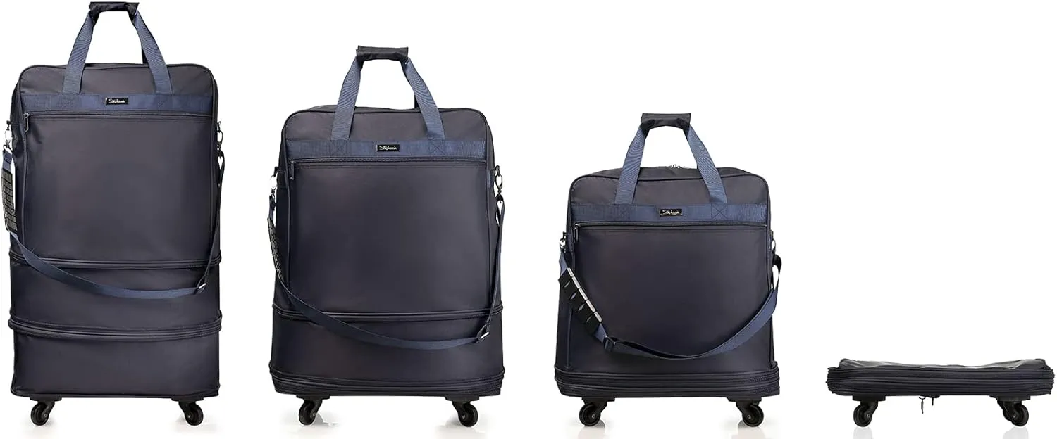 Stephanie Imports Multi-Tiered Expandable Suitcase Luggage Travel Duffel Bag With Quick-Access Front Zipper Pocket & 360 Spinner Wheels (Navy Blue)