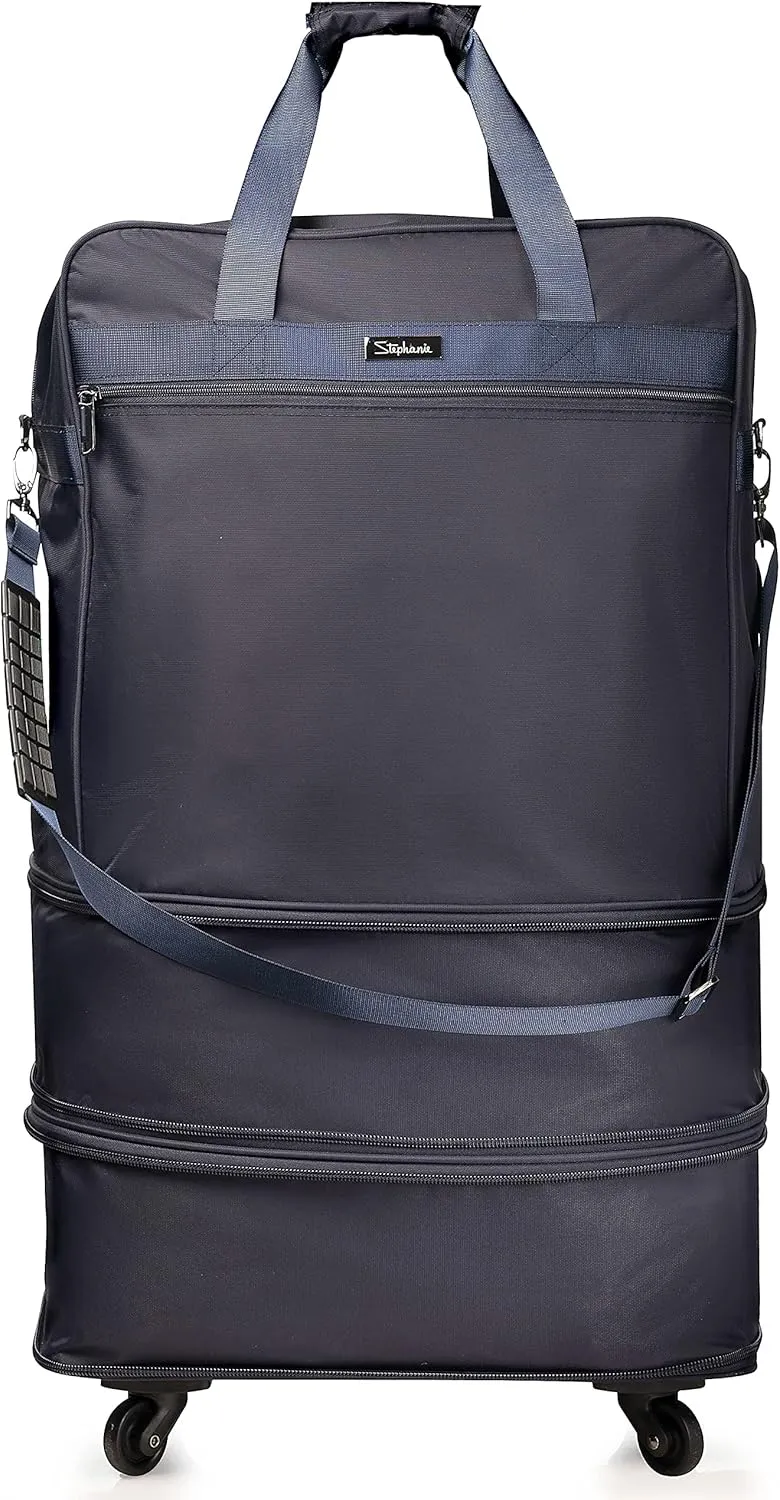 Stephanie Imports Multi-Tiered Expandable Suitcase Luggage Travel Duffel Bag With Quick-Access Front Zipper Pocket & 360 Spinner Wheels (Navy Blue)