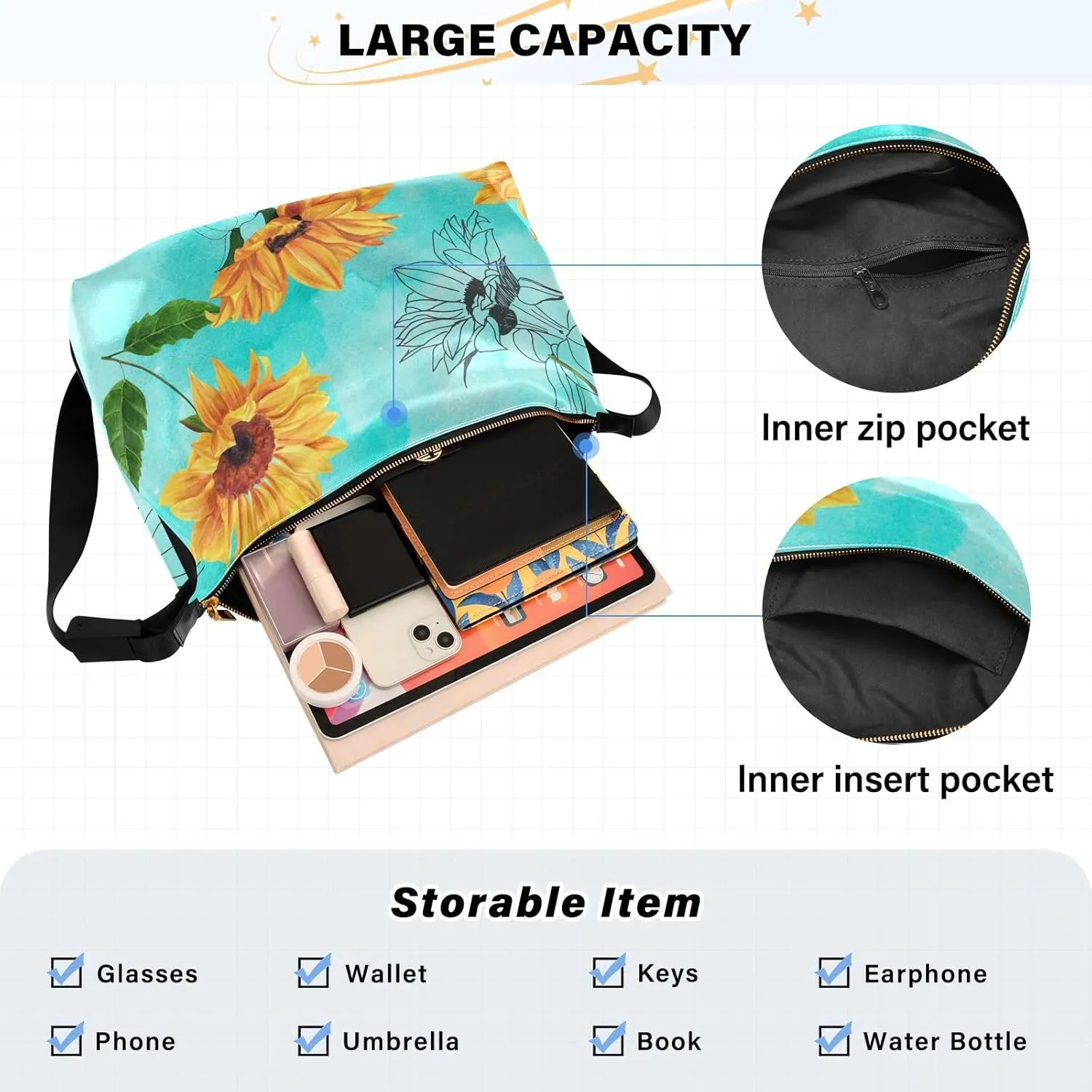 Sunflower Print Sling Bag for Women Crossbody Purse Leather Shoulder Handbag Purses for Women with Adjustable