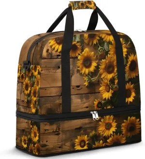 Sunflowers on Wooden Travel Duffel Bag for Women Men Weekender Overnight Bag with Shoe Compartment Foldable Sports Gym Luggage Bag