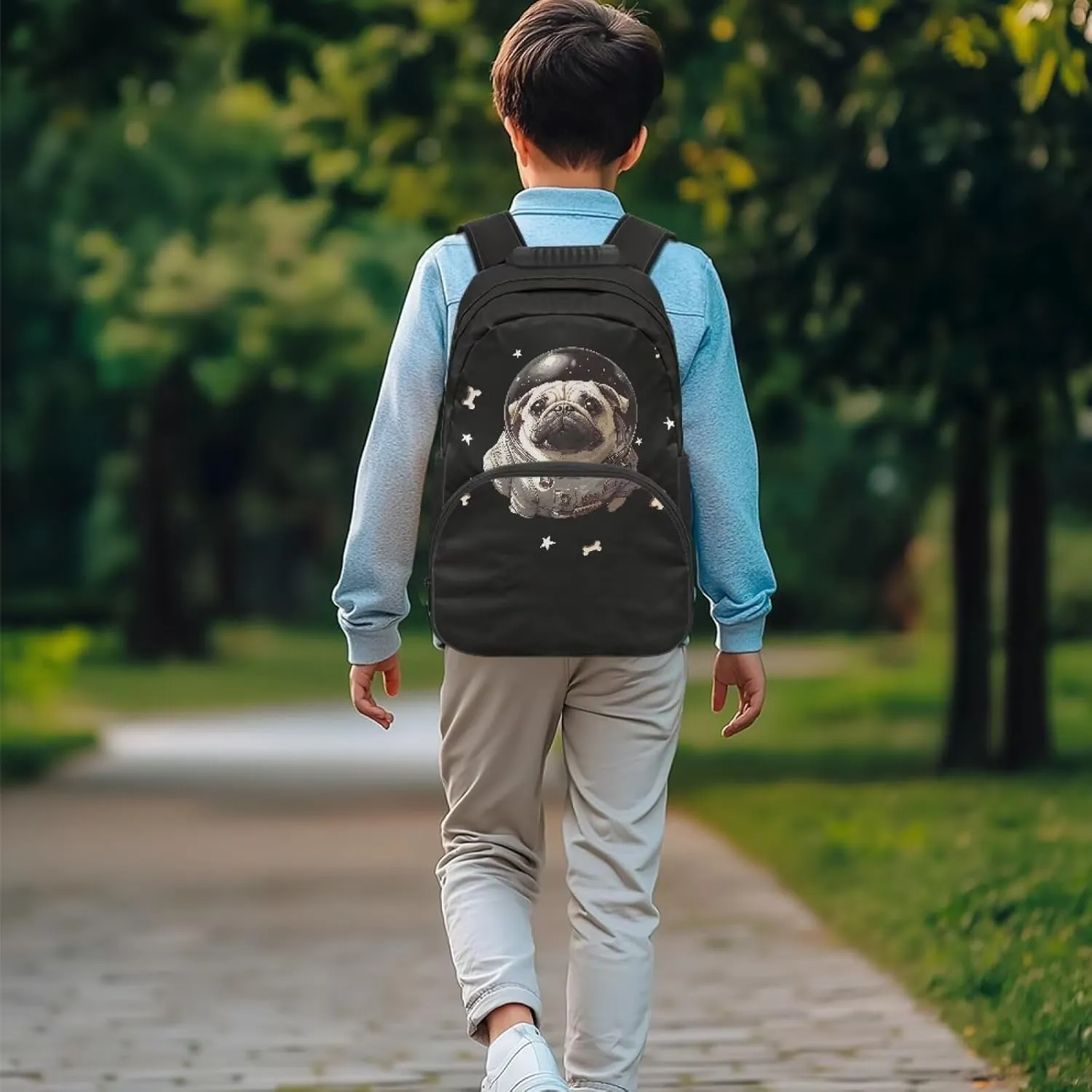 Suobstales Pug Dog Bone Star Print Bookbag for Boys Teens, Backpacks for Kids, Elementary Preschool School Bag for Toddler, 17" Cute Bookbag with Name
