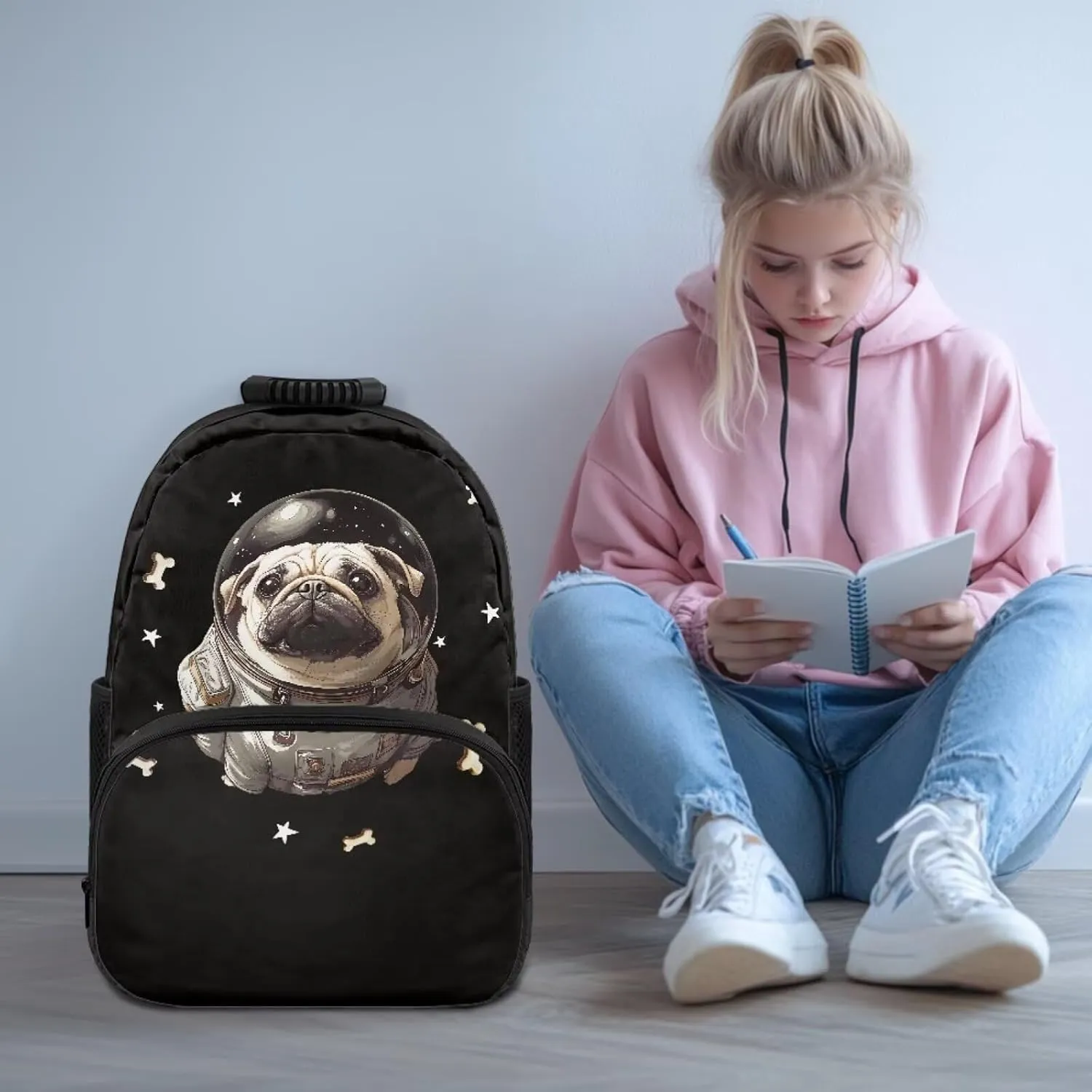 Suobstales Pug Dog Bone Star Print Bookbag for Boys Teens, Backpacks for Kids, Elementary Preschool School Bag for Toddler, 17" Cute Bookbag with Name