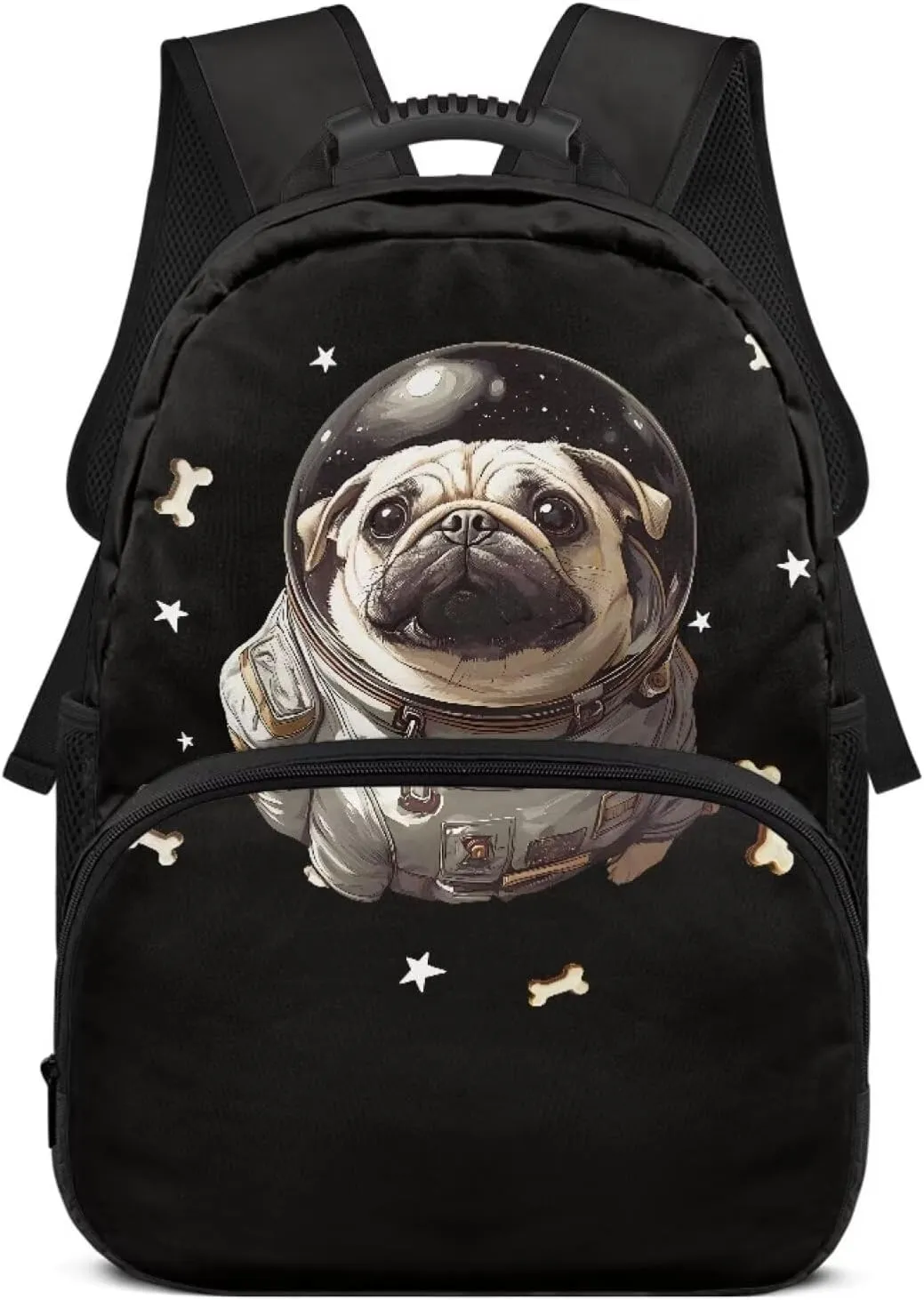 Suobstales Pug Dog Bone Star Print Bookbag for Boys Teens, Backpacks for Kids, Elementary Preschool School Bag for Toddler, 17" Cute Bookbag with Name