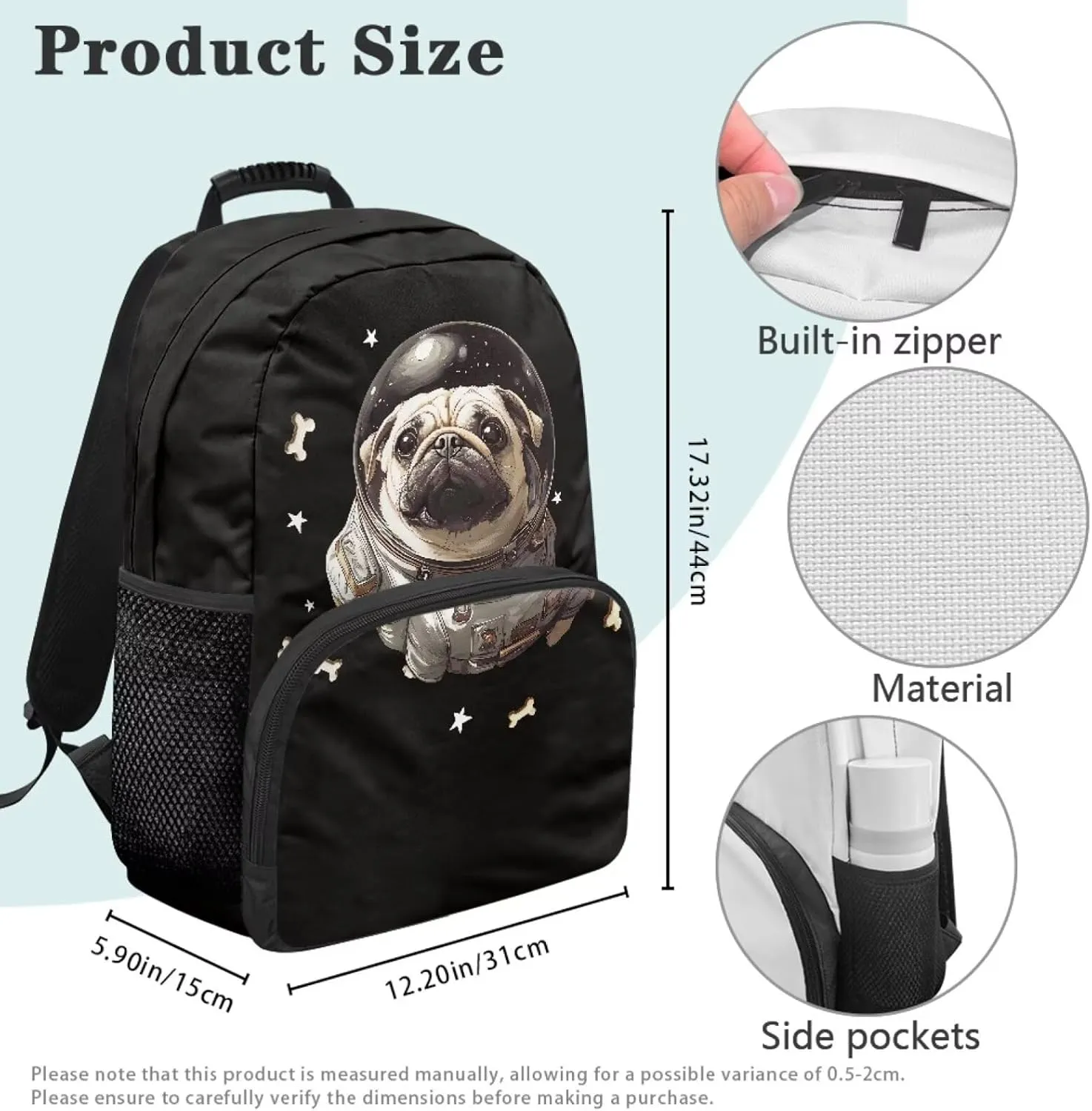 Suobstales Pug Dog Bone Star Print Bookbag for Boys Teens, Backpacks for Kids, Elementary Preschool School Bag for Toddler, 17" Cute Bookbag with Name