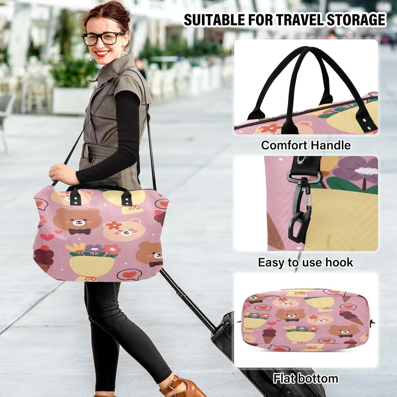 susiyo Bear Head and Flower Expandable Travel Duffle Bag, Large Weekender Overnight Bags and Adjustable Strap, Carry On Shoulder Tote Bag, Gym Duffel Bag with Toiletry Bags for Hospital