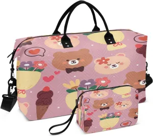 susiyo Bear Head and Flower Expandable Travel Duffle Bag, Large Weekender Overnight Bags and Adjustable Strap, Carry On Shoulder Tote Bag, Gym Duffel Bag with Toiletry Bags for Hospital