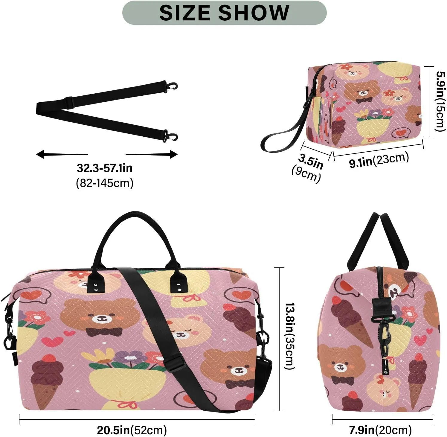 susiyo Bear Head and Flower Expandable Travel Duffle Bag, Large Weekender Overnight Bags and Adjustable Strap, Carry On Shoulder Tote Bag, Gym Duffel Bag with Toiletry Bags for Hospital
