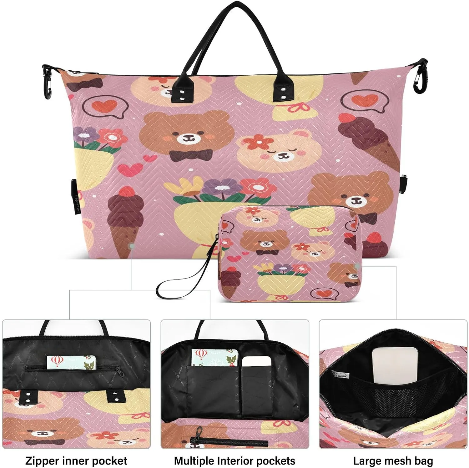 susiyo Bear Head and Flower Expandable Travel Duffle Bag, Large Weekender Overnight Bags and Adjustable Strap, Carry On Shoulder Tote Bag, Gym Duffel Bag with Toiletry Bags for Hospital