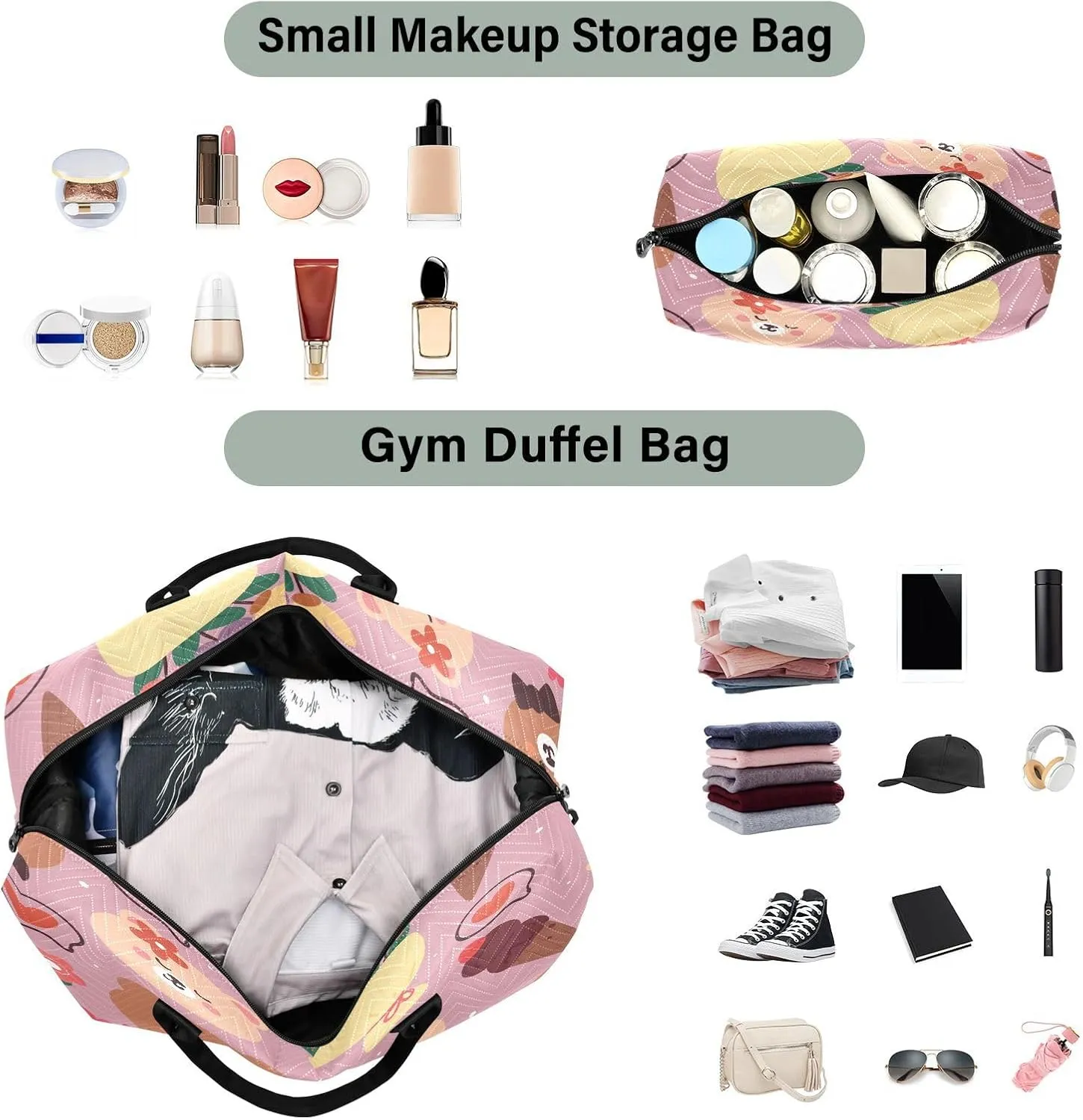 susiyo Bear Head and Flower Expandable Travel Duffle Bag, Large Weekender Overnight Bags and Adjustable Strap, Carry On Shoulder Tote Bag, Gym Duffel Bag with Toiletry Bags for Hospital