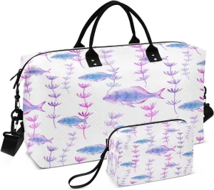 susiyo Purple Fish Algae Expandable Travel Duffle Bag, Large Weekender Overnight Bags and Adjustable Strap, Carry On Shoulder Tote Bag, Gym Duffel Bag with Toiletry Bags for Hospital