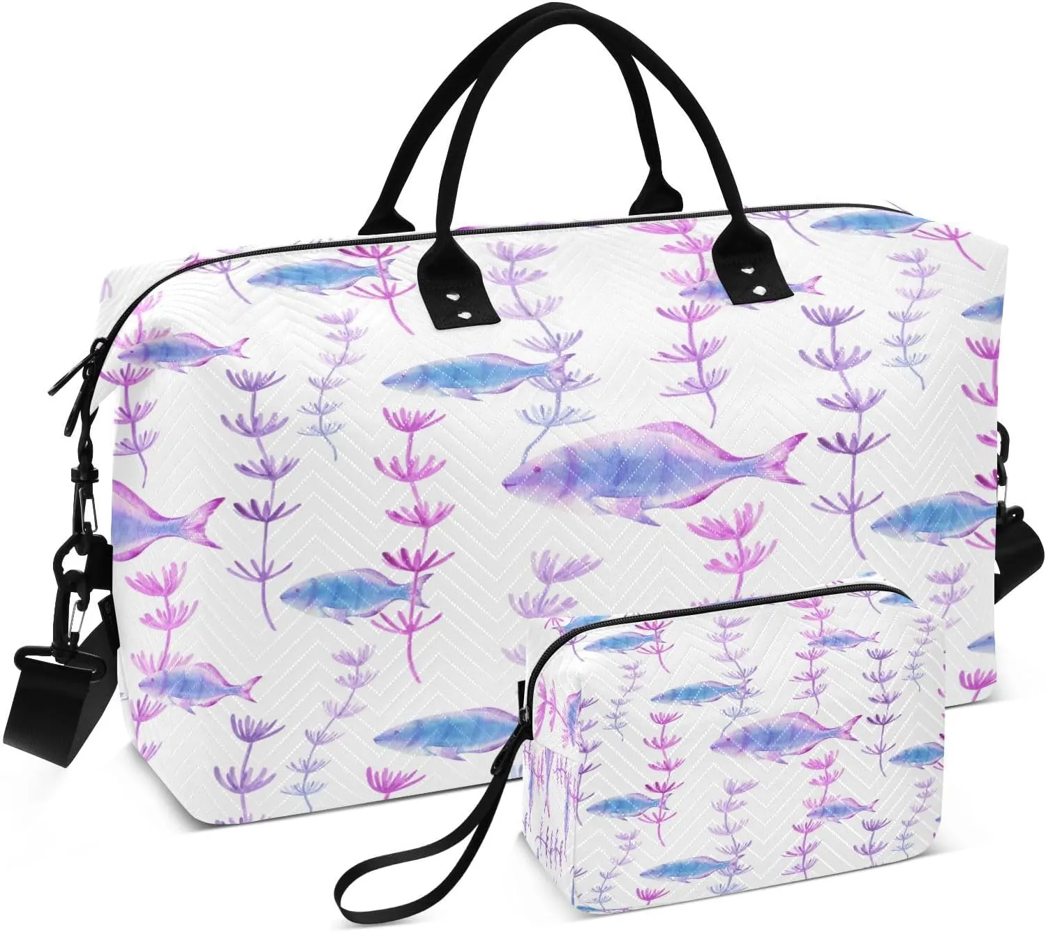 susiyo Purple Fish Algae Expandable Travel Duffle Bag, Large Weekender Overnight Bags and Adjustable Strap, Carry On Shoulder Tote Bag, Gym Duffel Bag with Toiletry Bags for Hospital