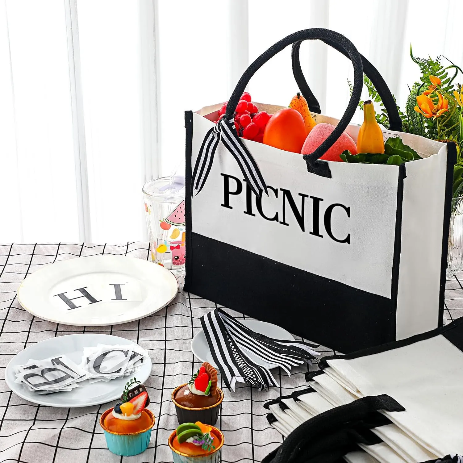 Sweetude Canvas Tote Bag Bulk Initial Tote Bag for Wedding Bridal Shower Bachelorette Party Women DIY Beach Bag with Ribbons